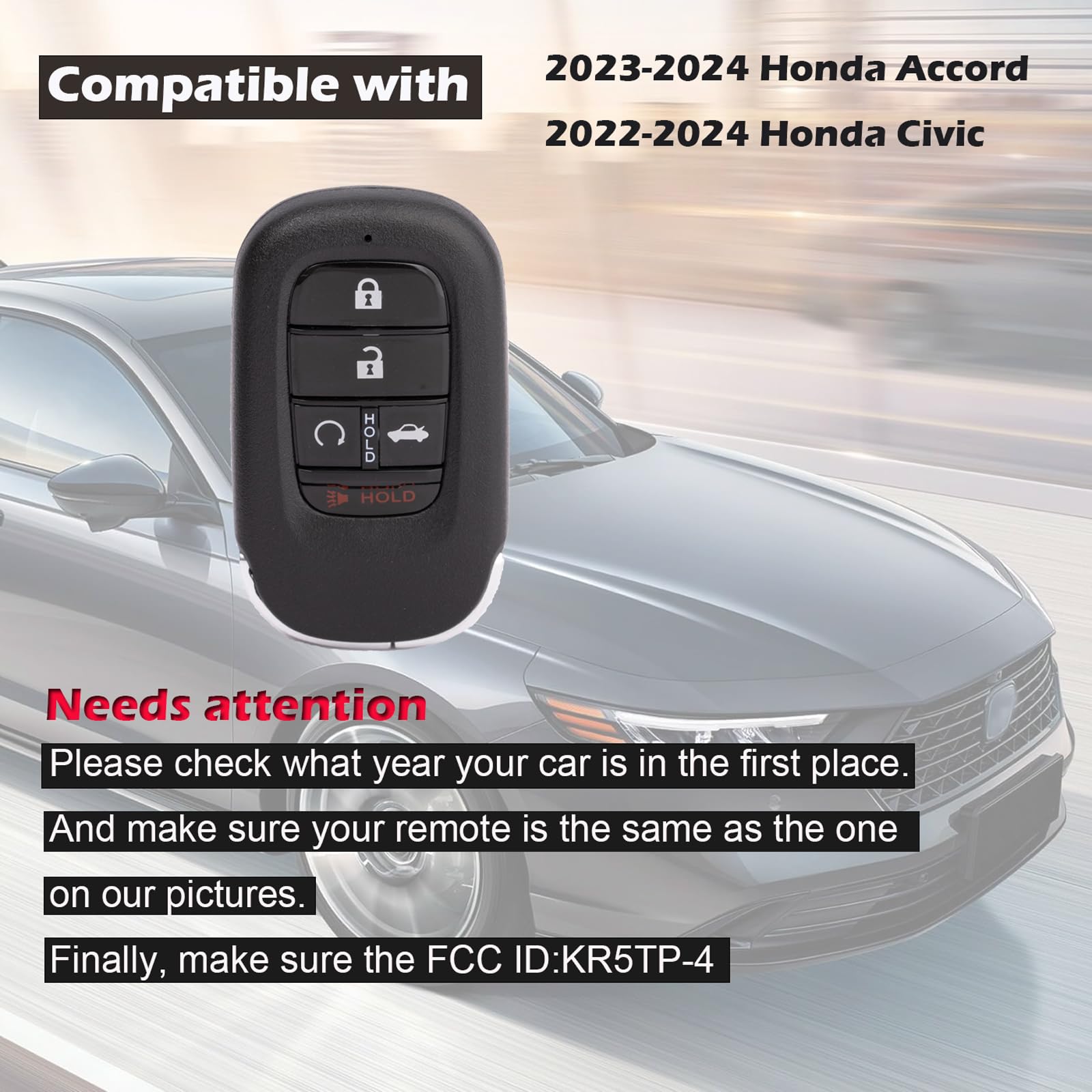 Smart Key Fob Remote Replacement Compatible With Honda Accord Civic 2022 2023 2024 2025 Keyless Entry Remote Control Fcc Id:Kr5T