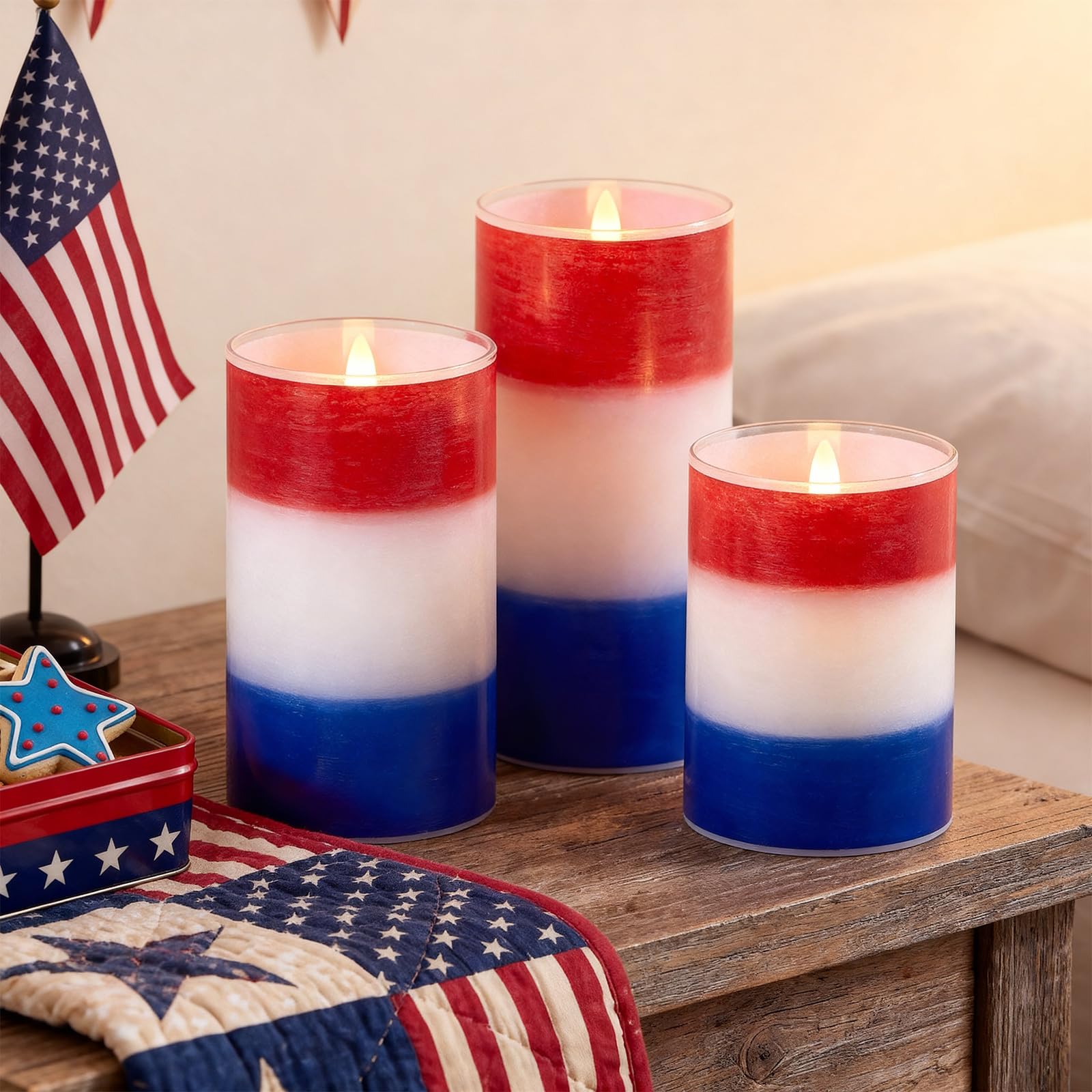 Tujoe 3 Pcs Blue Red and White Flameless Candles Patriotic LED Battery Pillar Candles Set 4th of July Independence Day Battery O