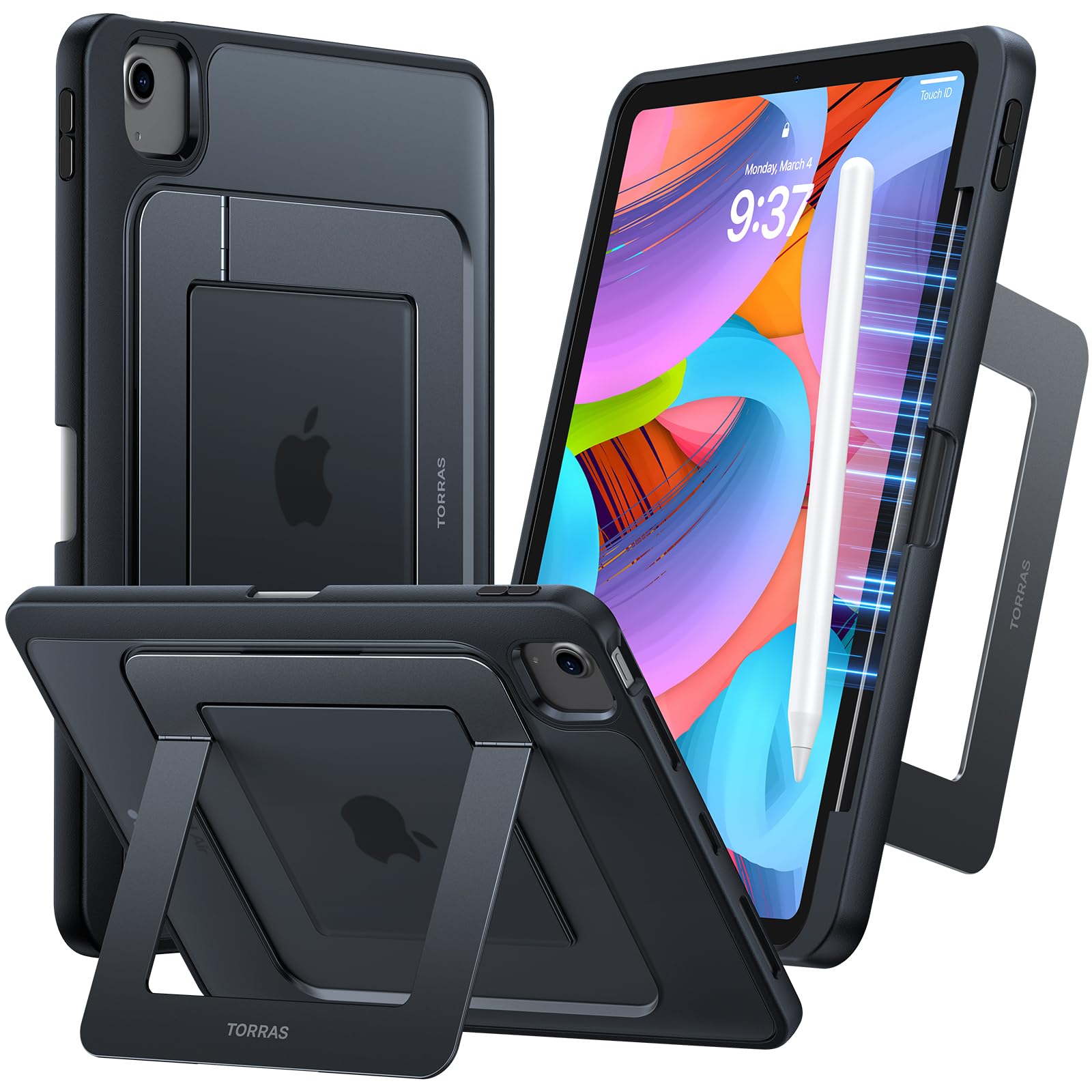 Torras Ostand For Ipad Air 11 Inch Case M2 2024 & Ipad Air 6Th/ 5Th/ 4Th Generation Case Slim, Invisible Adjustable Portrait/Landscape Stand, Any Angle Viewing, Support Apple Pencil Pro/Usb C, Black