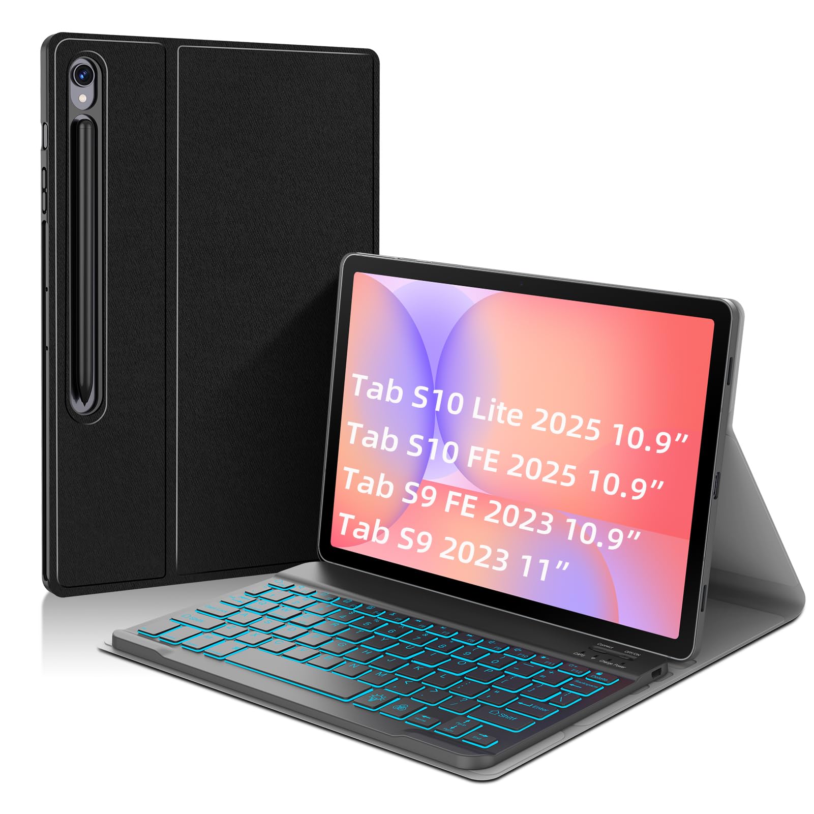 JUQITECH Backlit Keyboard Case for Samsung Galaxy Tab S10 Lite S10 FE S9 FE 10.9 Inch S9 11 Inch, Detachable Slim Soft Tablet Mu
