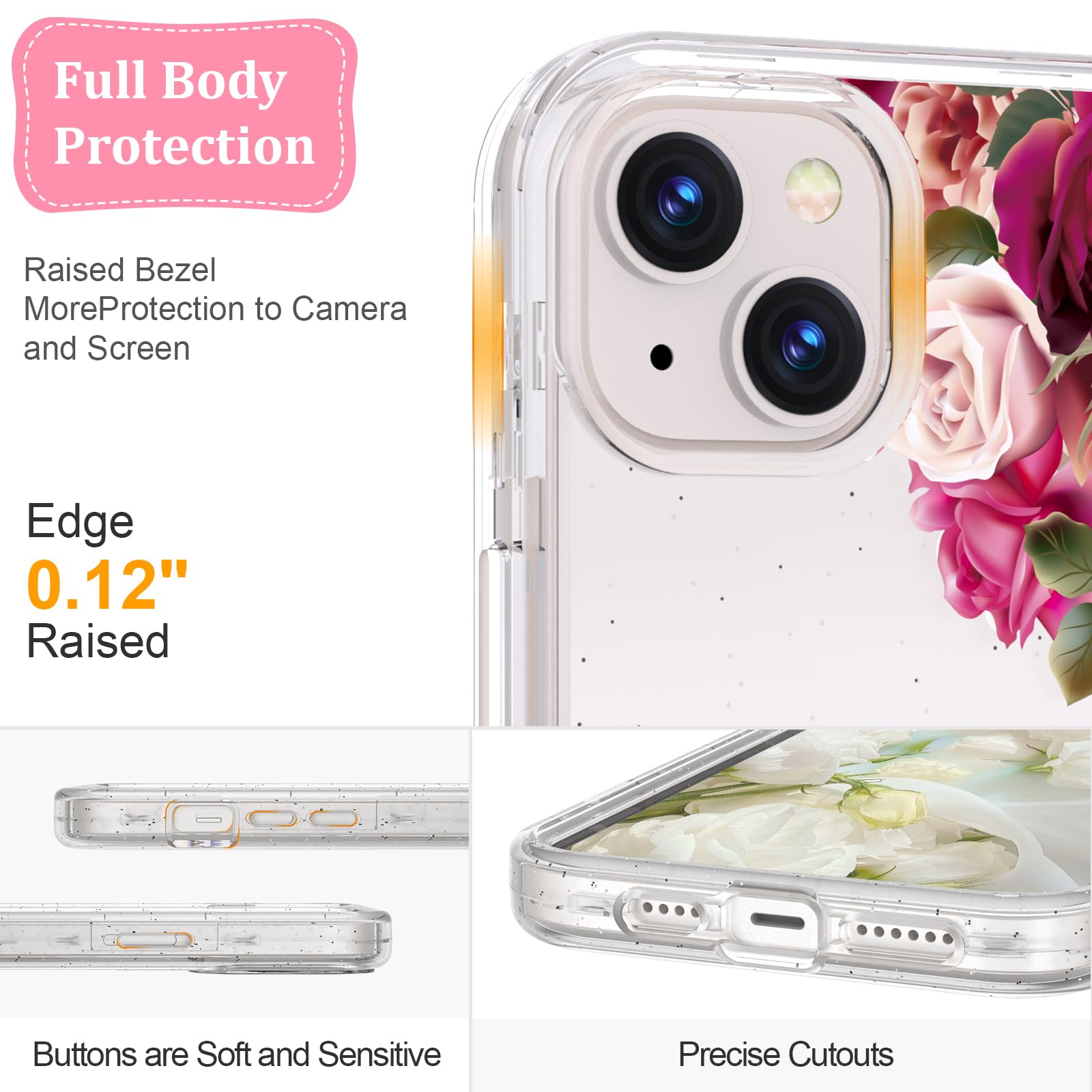 Acketbox For Iphone 14 Case With Screen Protector + Camera Lens Protector And Ring Bracket,Flower Pattern Design For Women And G