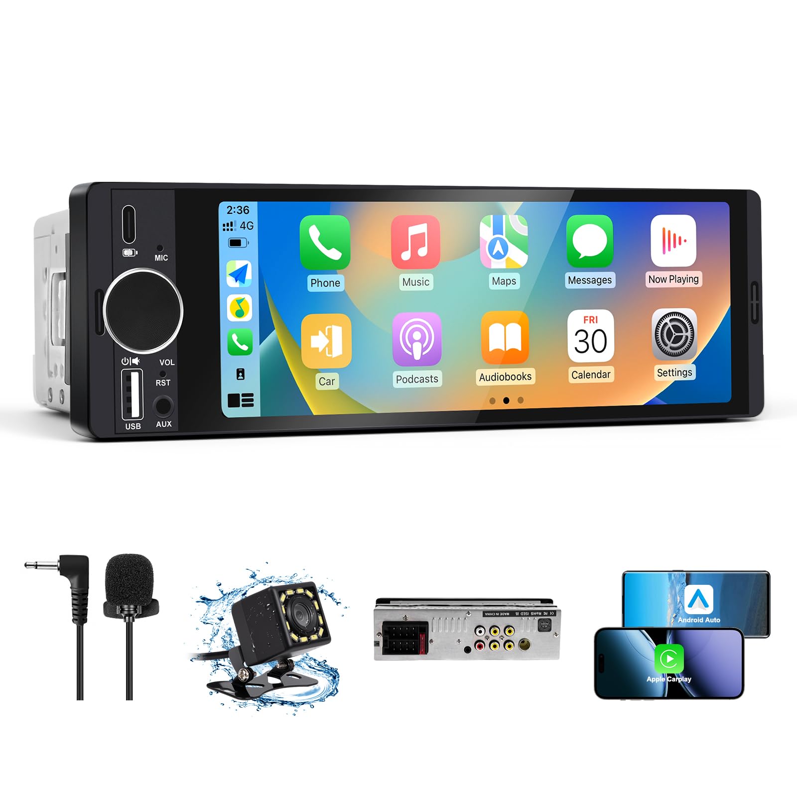 Single Din Car Stereo with Apple CarPlay & Android Auto, HD Touch CarPlay Screen, Backup Cam,Bluetooth, USB Type-C, SWC, EQ, FM 
