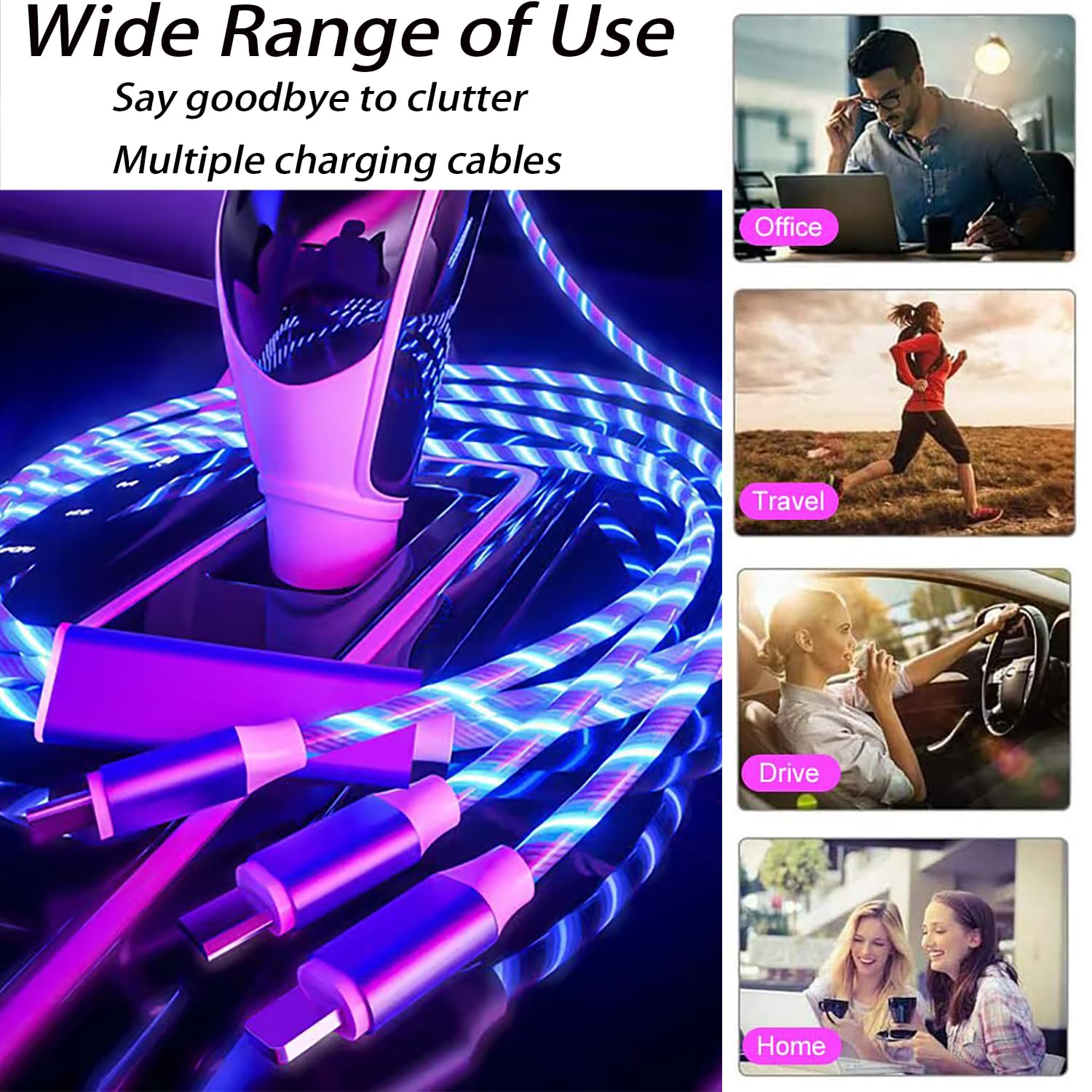 TISTIPPL 3-in-1 LED Light Up Charging Cable with Copper Core, Blue, 1.2m
