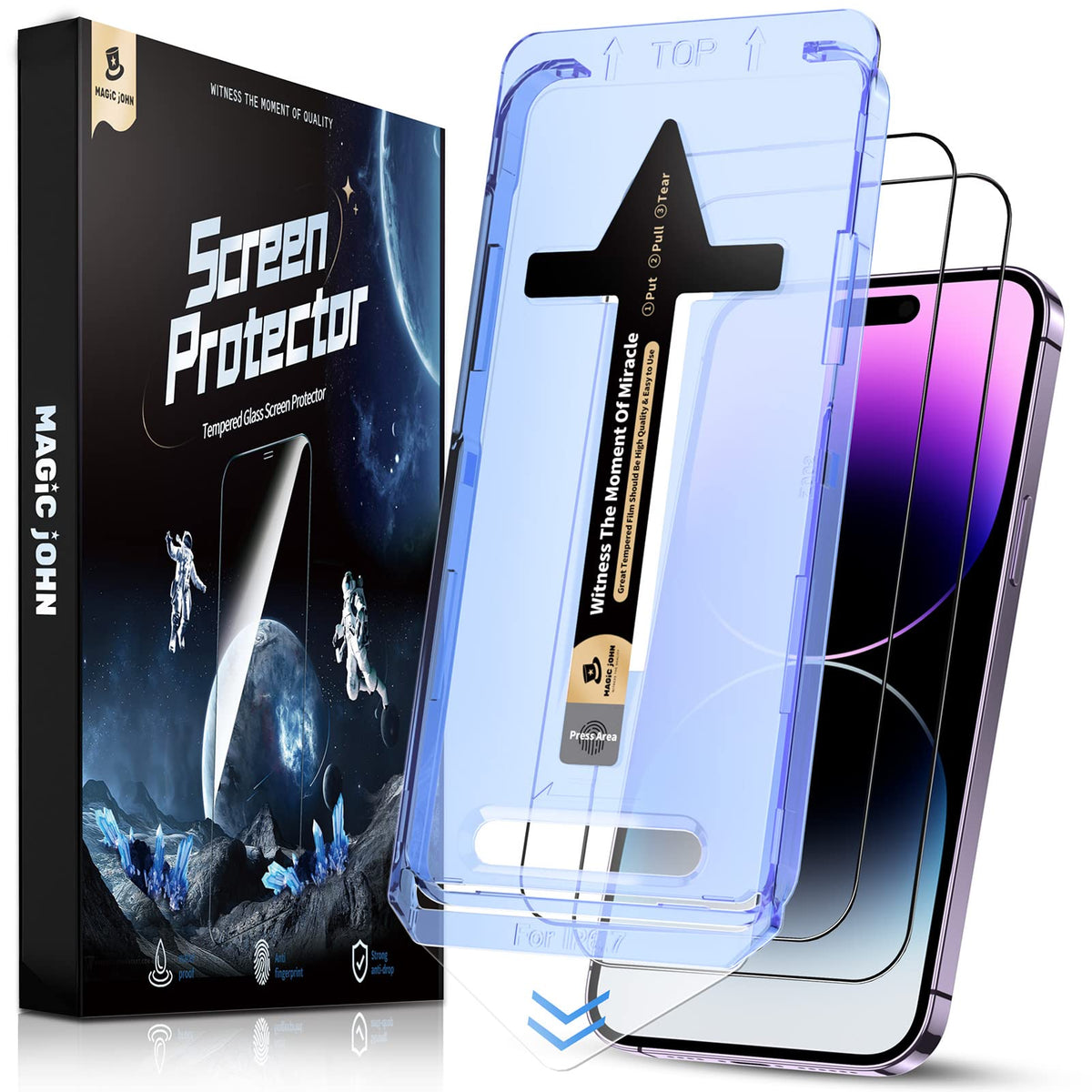 Magic John 2 Pack For Iphone 14 Pro Max 6.7 Inch Tempered Glass Screen Protector, Auto Dust Elimination Installation, Bubble Fre