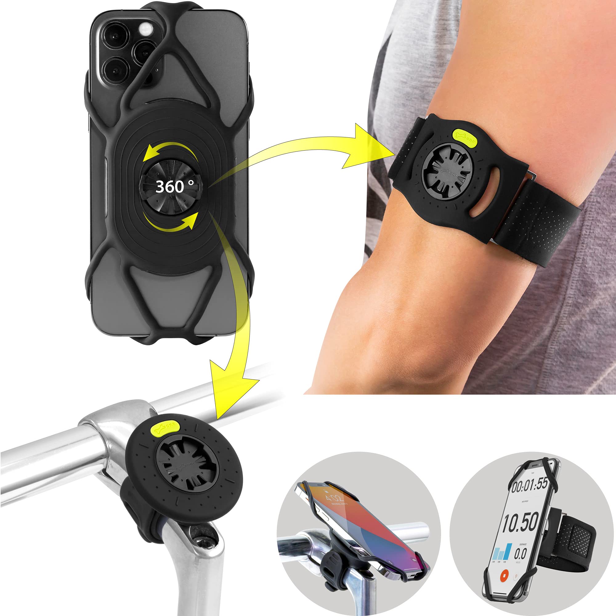 Bone Run + Bike Tie Connect Kit 1, 2-In-1 Running & Bike Phone Holder, Detachable & Rotatable 360 Sport Armband & Phone Mount Co
