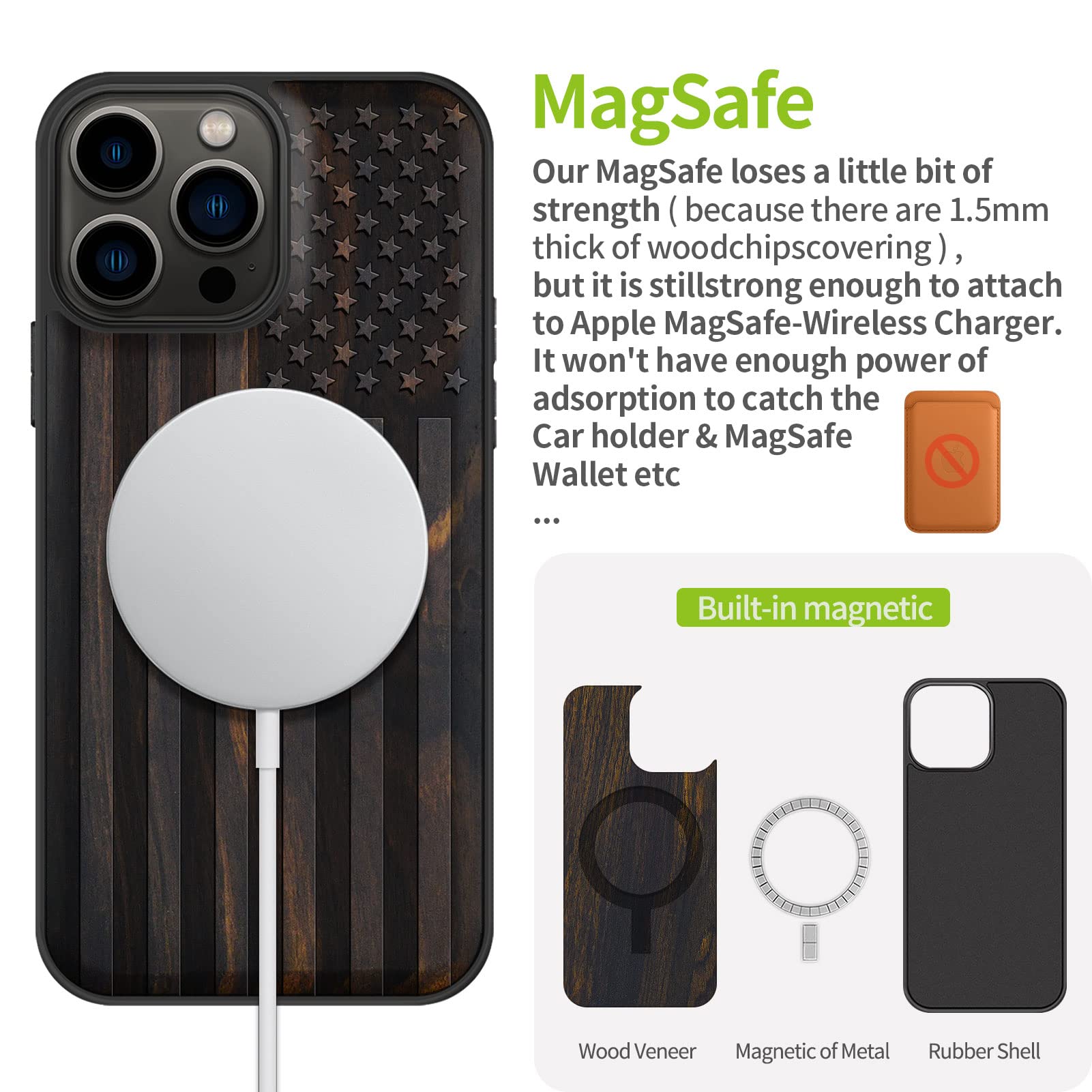 Carveit iPhone 13 Pro Max Magnetic Wood Case Shockproof Hybrid MagSafe Compatible American Flag Blackwood