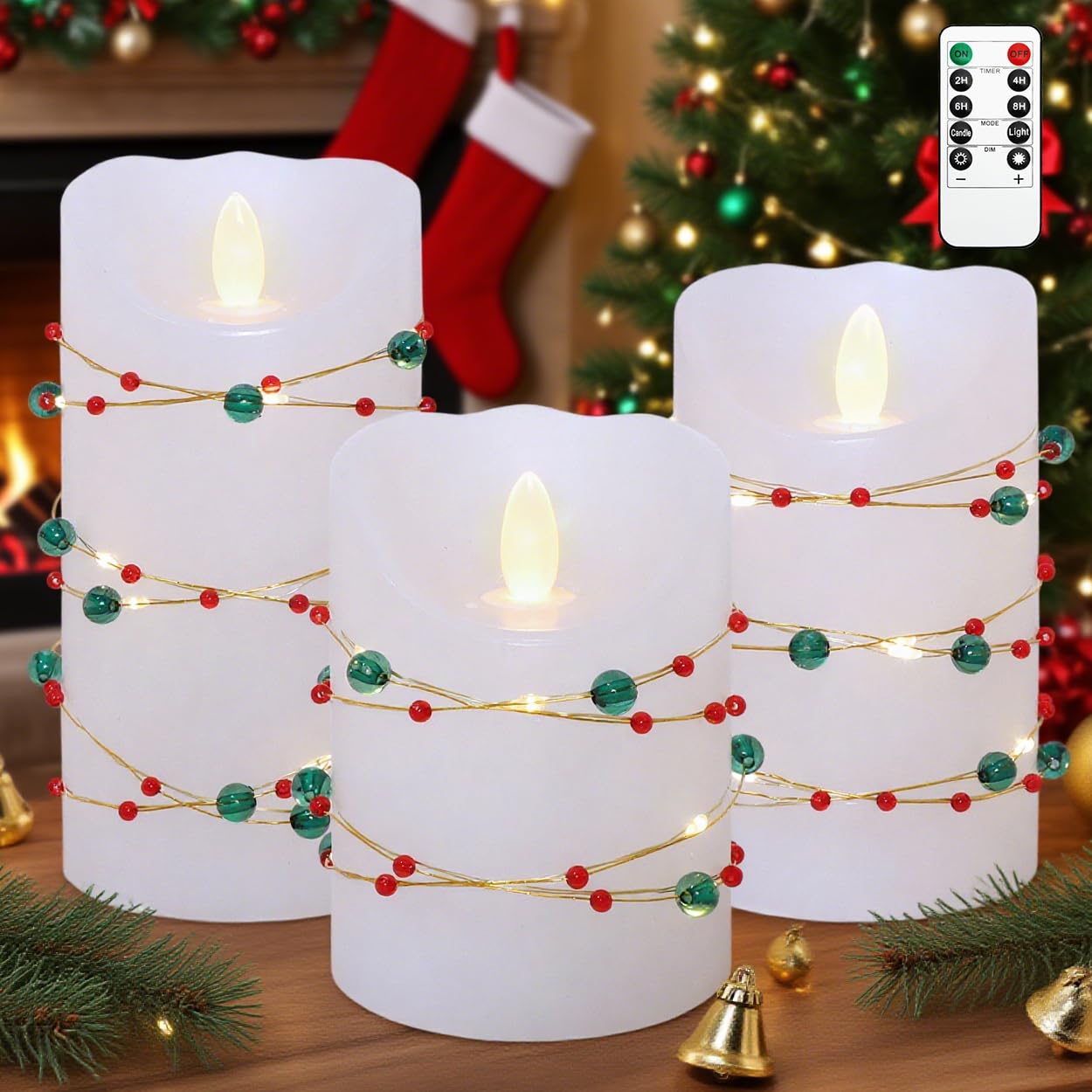 Christmas Flameless Candles With Red Green Beads String Lights - Real Wax Christmas Decor Battery Operated Candles With Remote &