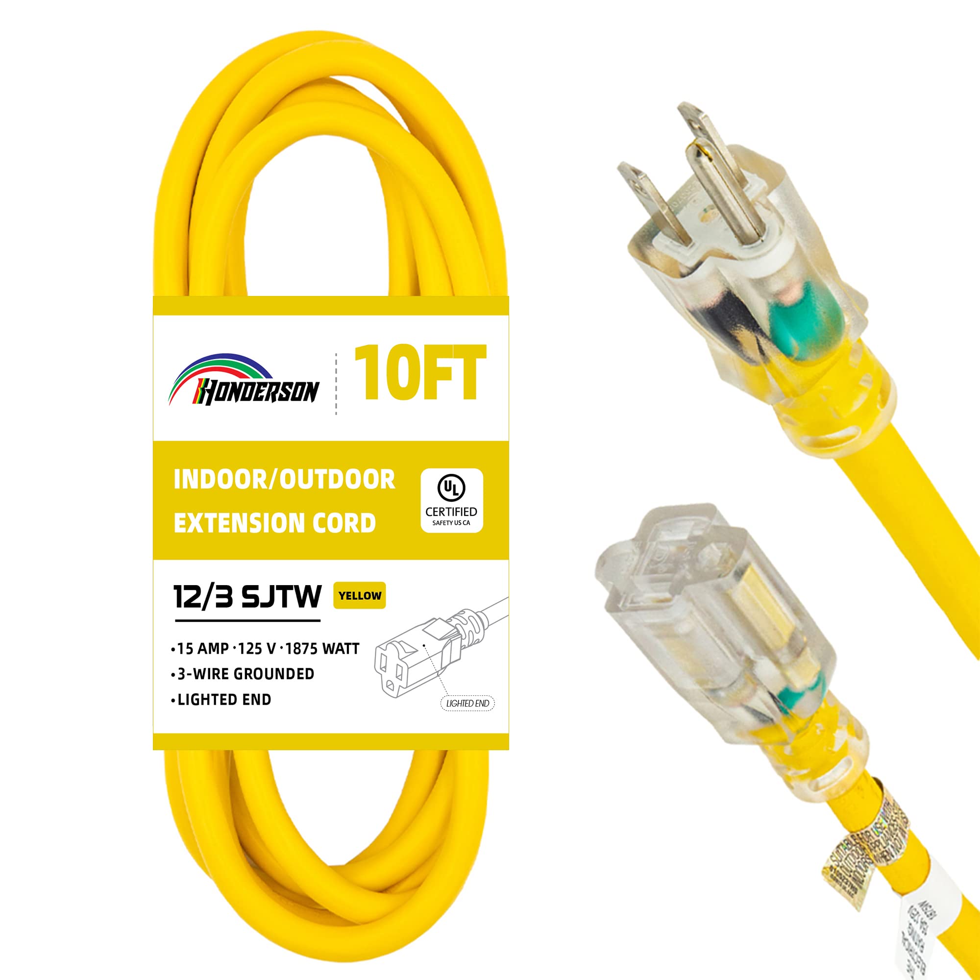 Honderson Indoor Outdoor Extension Cord Weatherproof With Lighted End, Ul Listed, 12 Gauge 10Ft Yellow 3 Prong Heavy Duty Extens