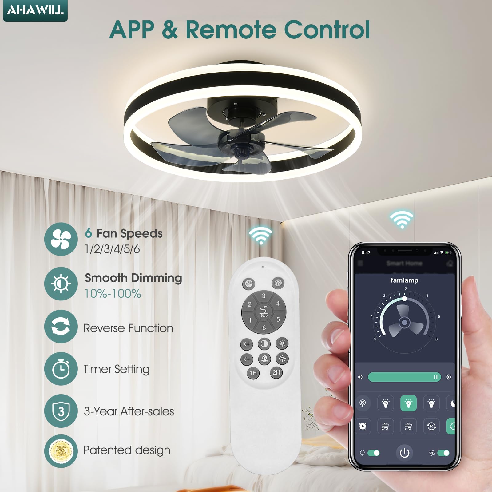 Ahawill Fandelier Ceiling Fans With Lights And Remote,19.7In Low Profile Dimmable Ceiling Fan,Brushed Black Flush Mount Ceiling