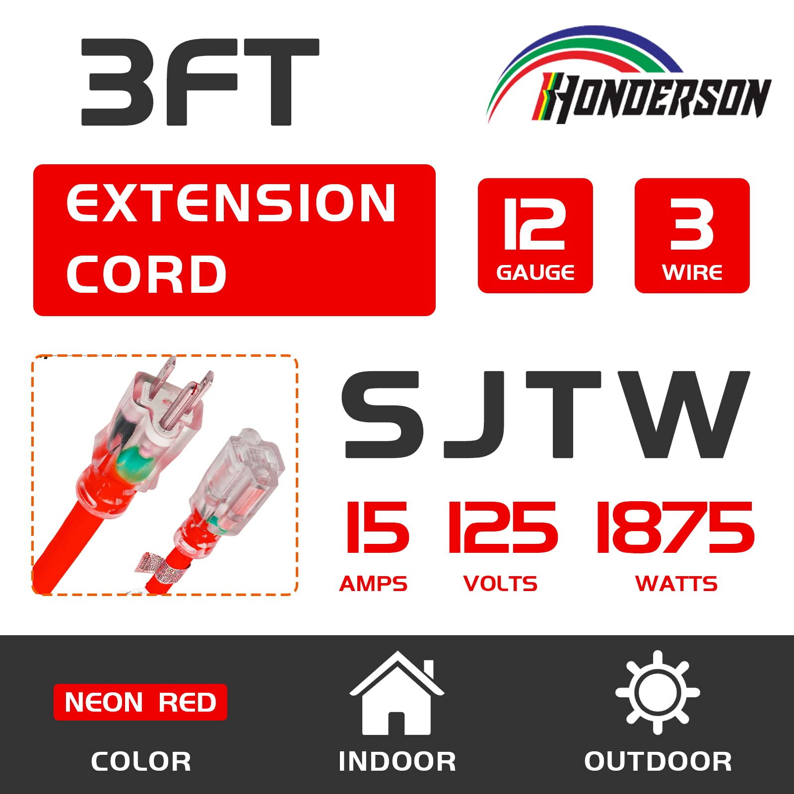 Honderson Indoor Outdoor Extension Cord Weatherproof With Lighted End, Ul Listed, 12 Gauge 3Ft Red 3 Prong Heavy Duty Extension