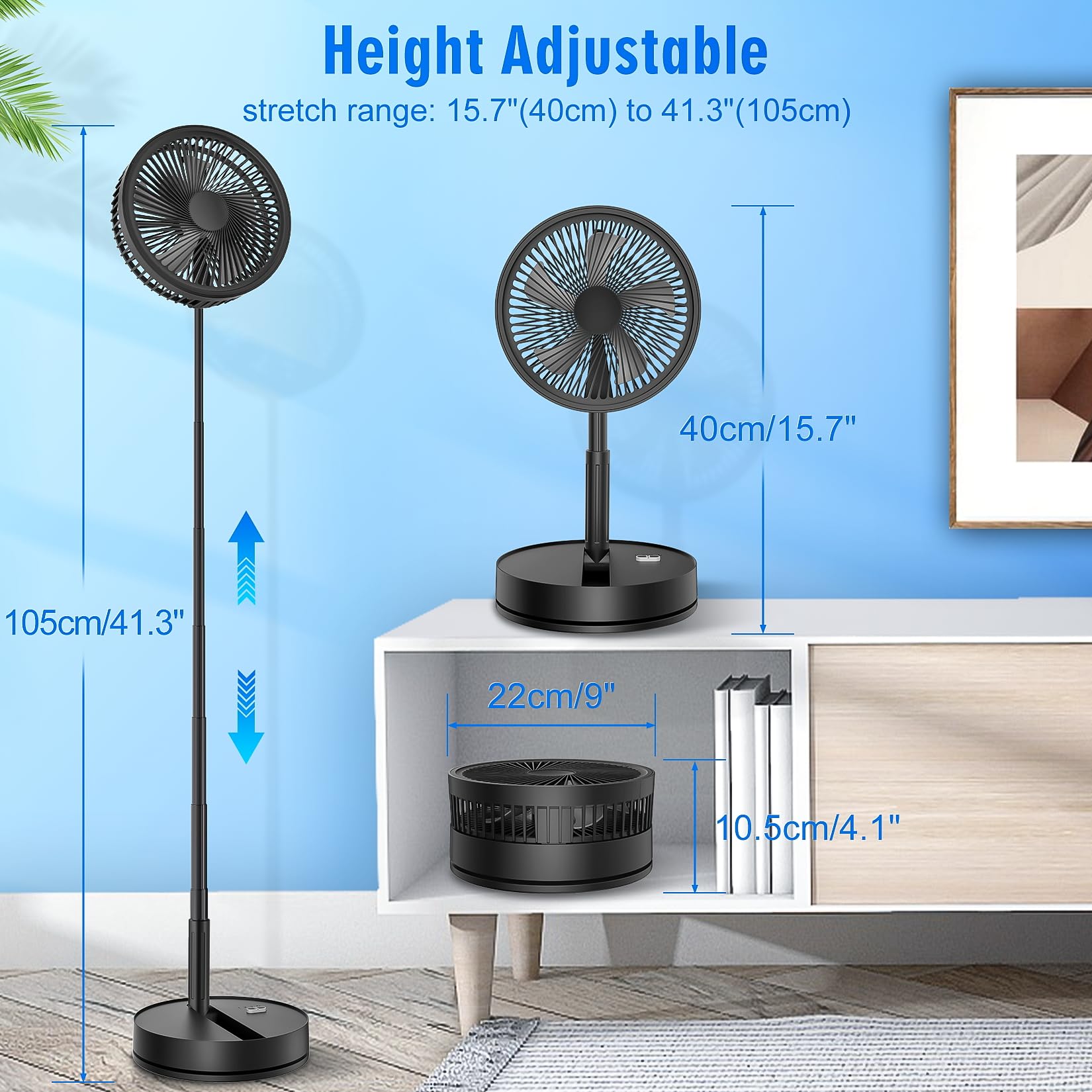 Lipety Portable Foldable Rechargeable Oscillating Fan - 9 7200Mah Battery Operated Usb C Small Fan Remote, Quiet Table Desk Fan