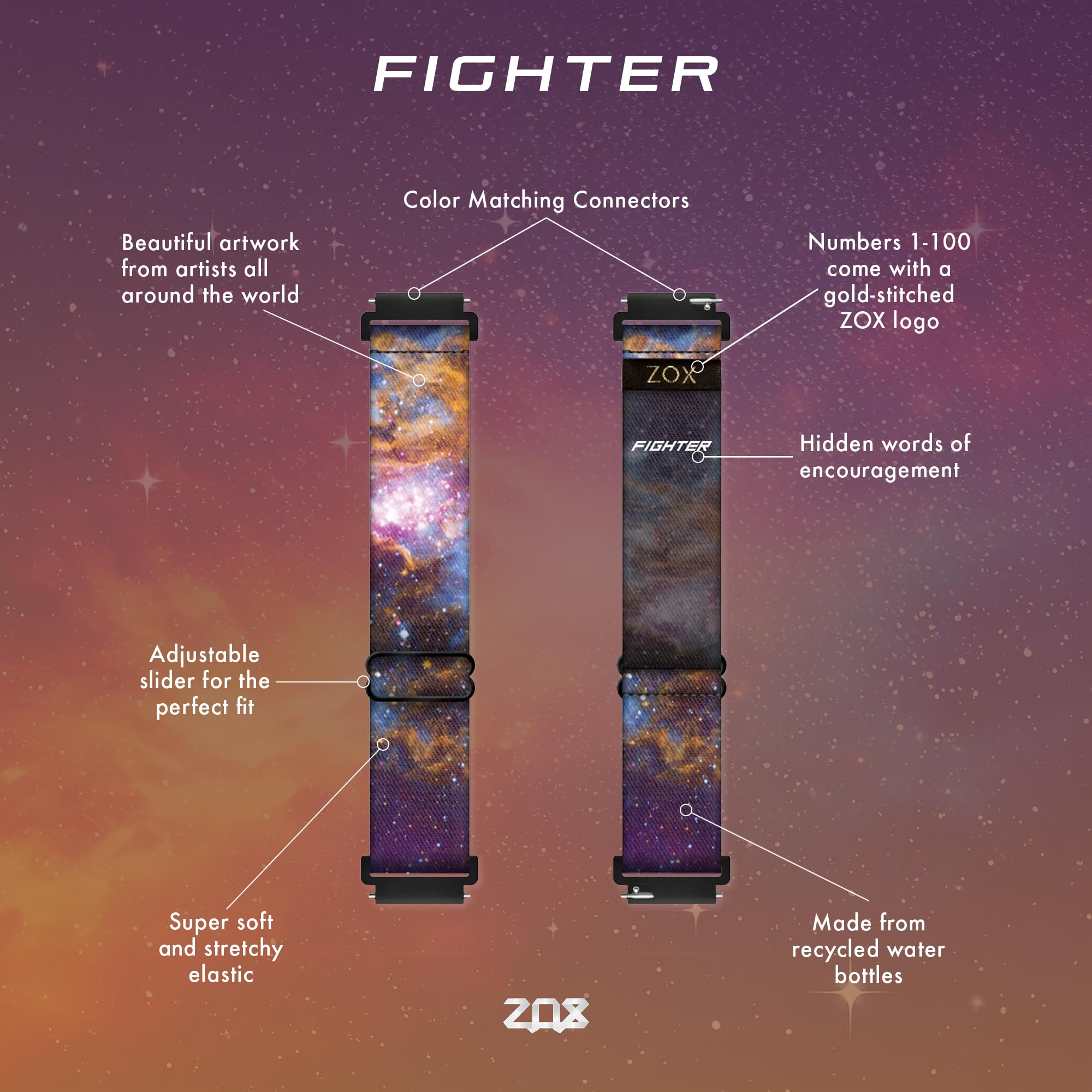Zox Android Smart Watch Band - Fighter | Soft, Adjustable Elastic Band With Motivational Affirmations And Beautiful Artwork - Gi
