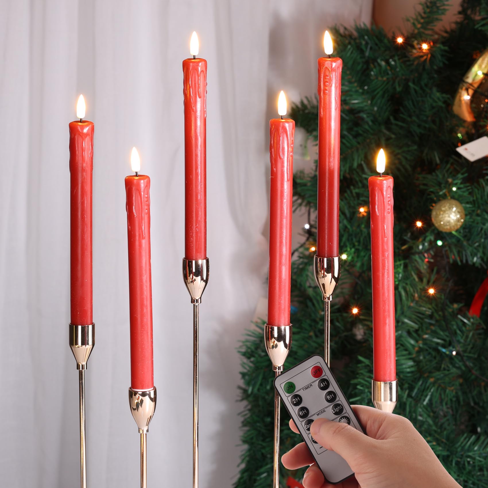 Girimax Red Dripping Wax Flameless Taper Candles With Remote, Flickering Realistic Led Candlesticks Battery Operated Set Of 6