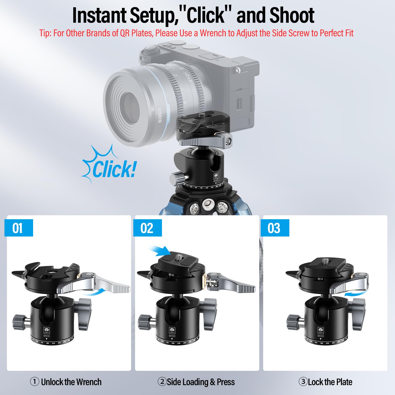Sirui Quick Release System Low Profile Tripod Head, 360� Panoramic Metal Camera Ball Head Mount With 1/4' And 3/8' Threaded Hole For Monopod, Dslr, Phone, Max Load 22Lbs/10Kg, Gh30