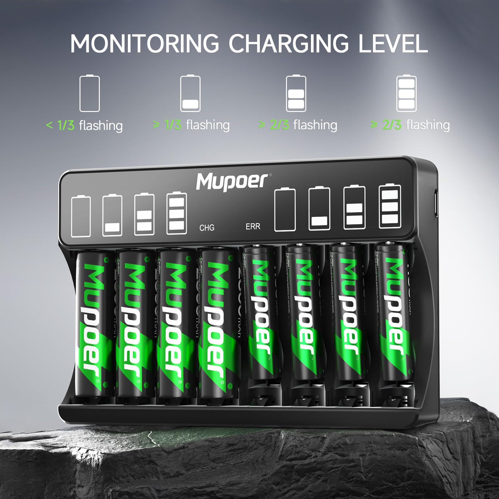 Mupoer Lcd Aa Aaa Battery Charger, 8 Bays Individual Charger For Ni Mh Ni Cd Rechargeable Batteries, Larger Lcd Screen Battery C