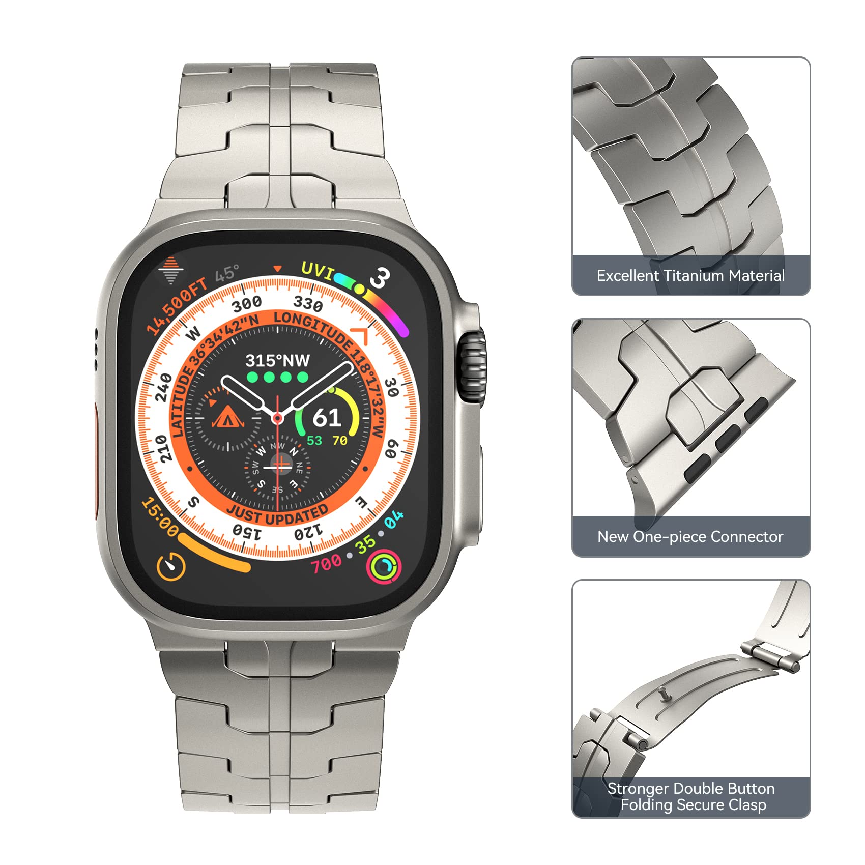 Lululook Titanium Band Compatible With Apple Watch Ultra/Ultra 2 49Mm, Grade 2 Pure Titanium Metal Smartwatch Replacement Band With Folding Clasp For Men