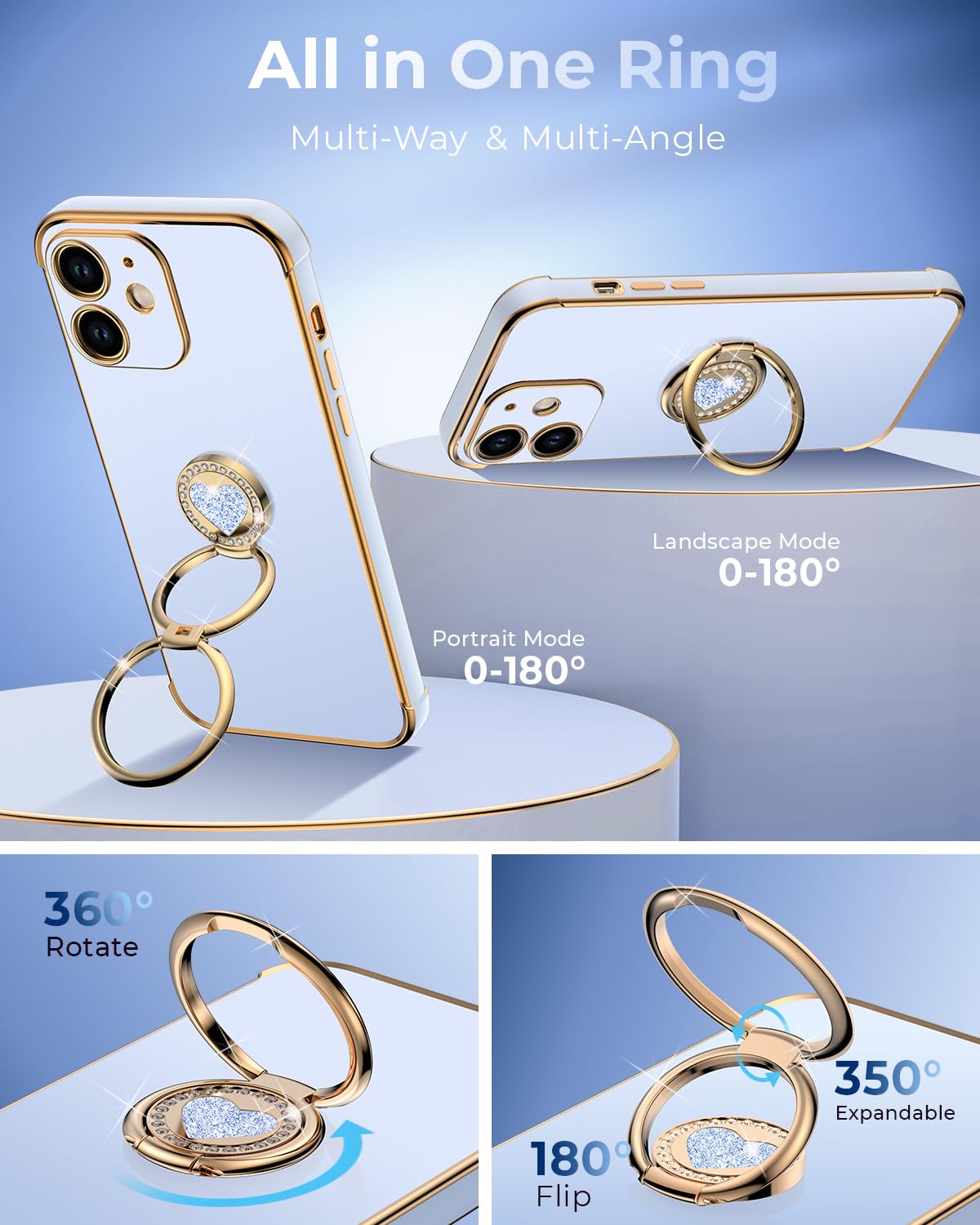 Xyz For Iphone 12 Case With Stand, Phone Case With Double Ring Kickstand, Women Girl Cute Love Heart Luxury Bling Protective Cas