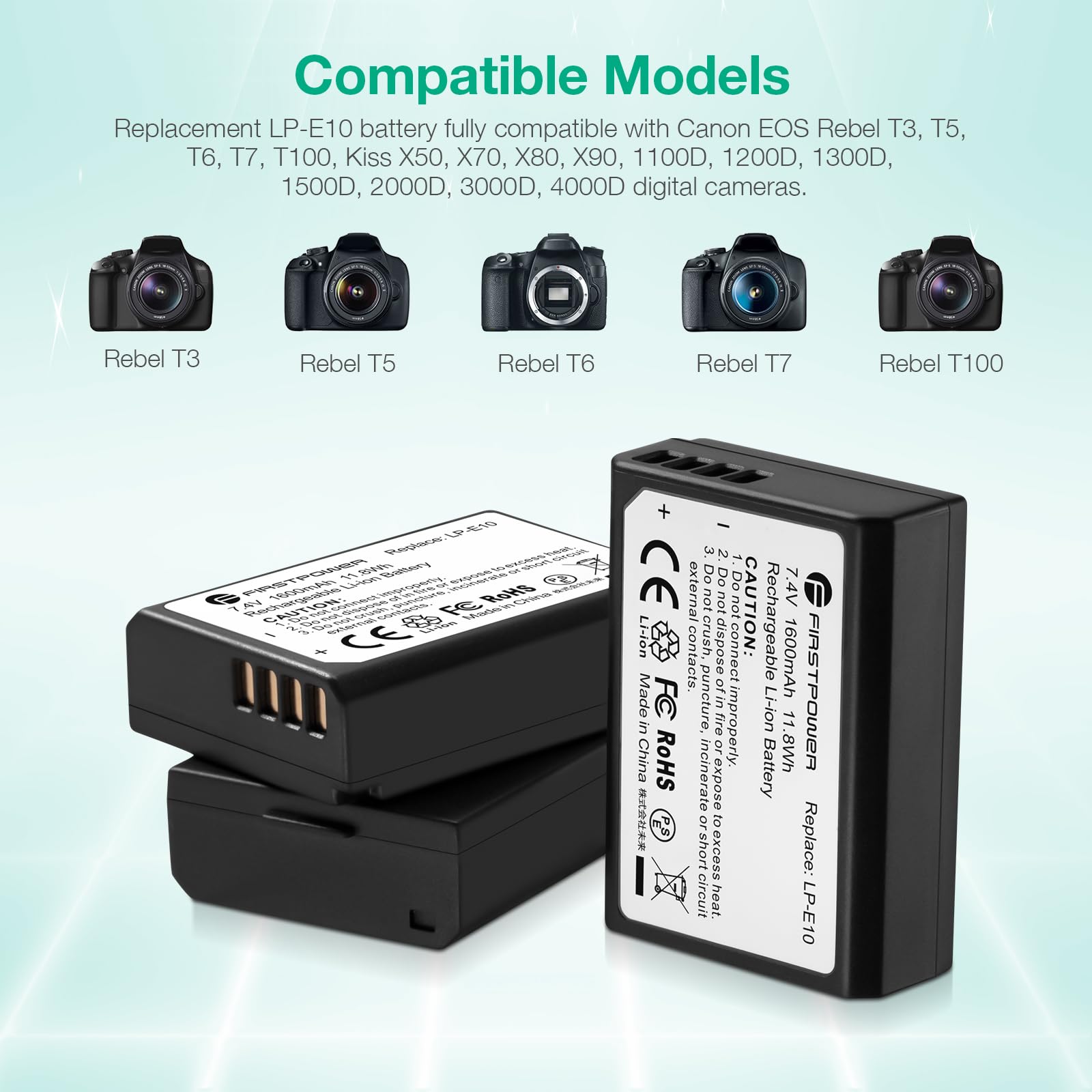 FirstPower LP-E10 Battery 3-Pack with Triple Charger for Canon EOS Rebel T100, T7, T6, T5, T3 - Black