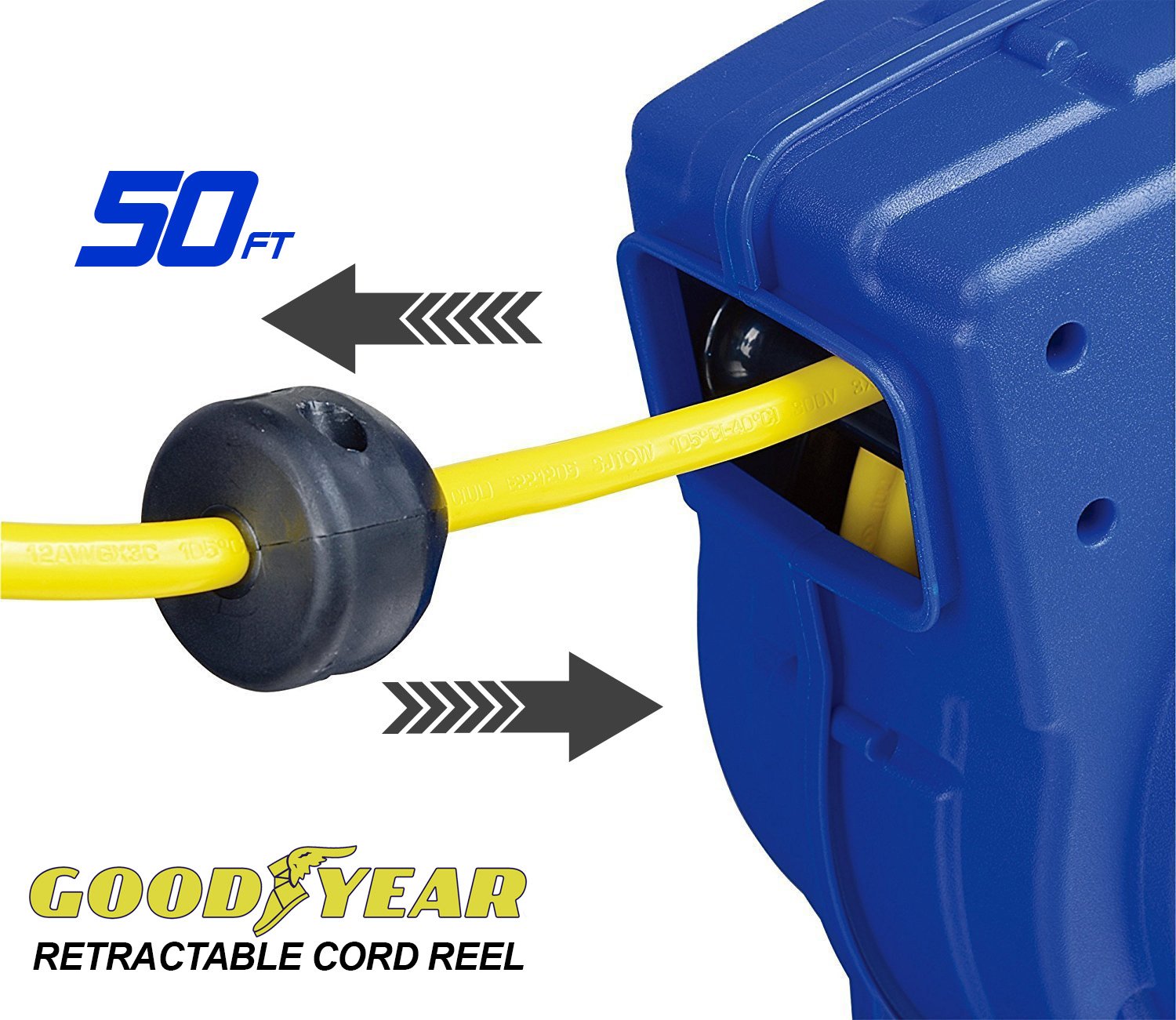 Goodyear Extension Cord Reel Retractable 16Awg X 50' Foot 3C/Sjtow Commercial Cable Led Triple Tap Connector Power 10A 125Vac 93