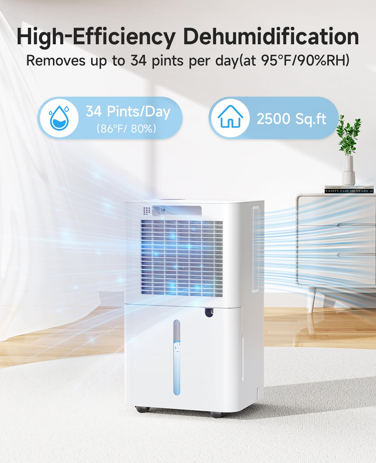 Cagstul 2500 Sq.Ft Dehumidifier For Basement With Drain Hose, 34 Pints Dehumidifiers For Home Large Room Bathroom Bedroom,3 Mode