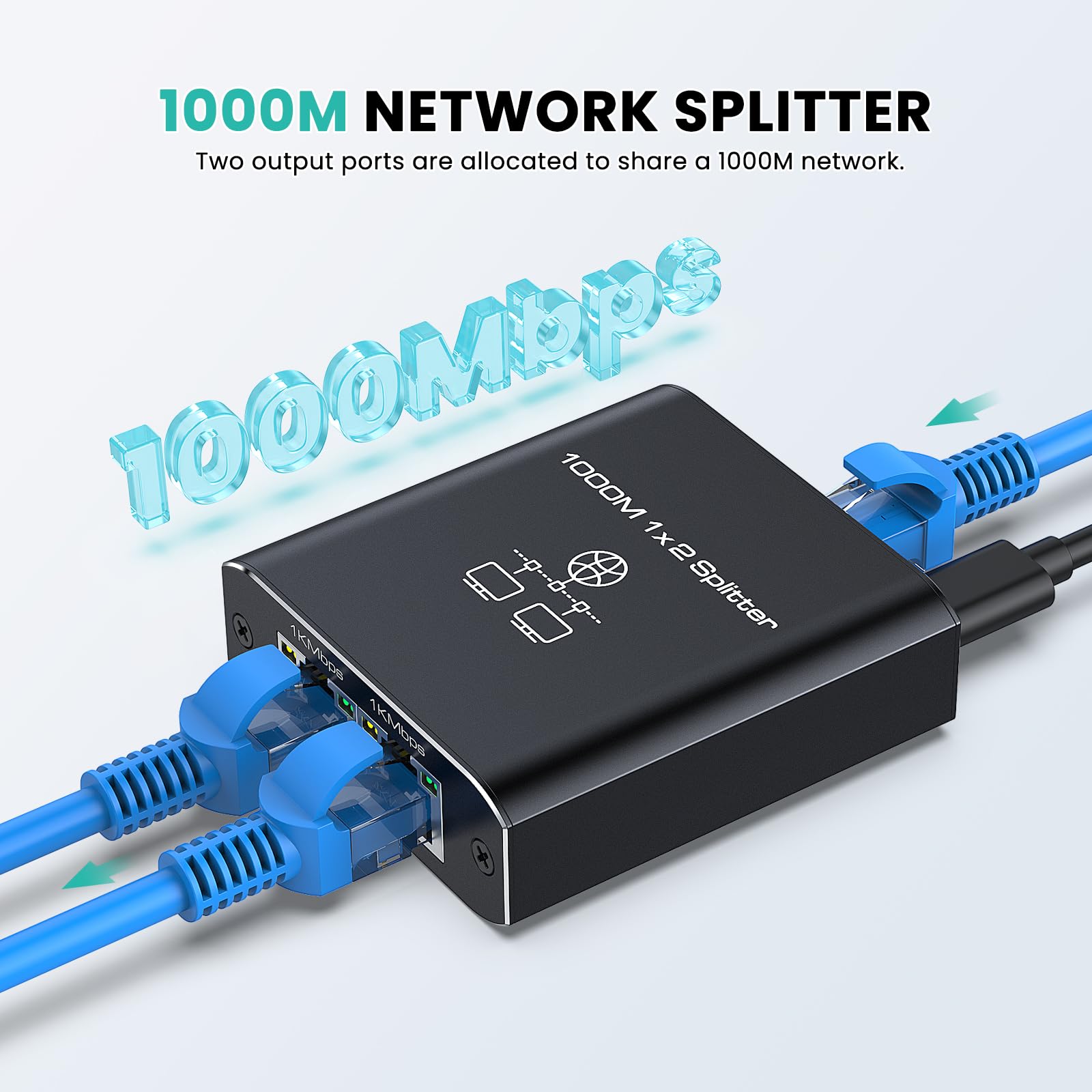Gigabit Ethernet Splitter 1 To 2 High Speed 1000Mbps, Lan Network Splitter With Usb Power Cable, Gigabit Rj45 Internet Ethernet
