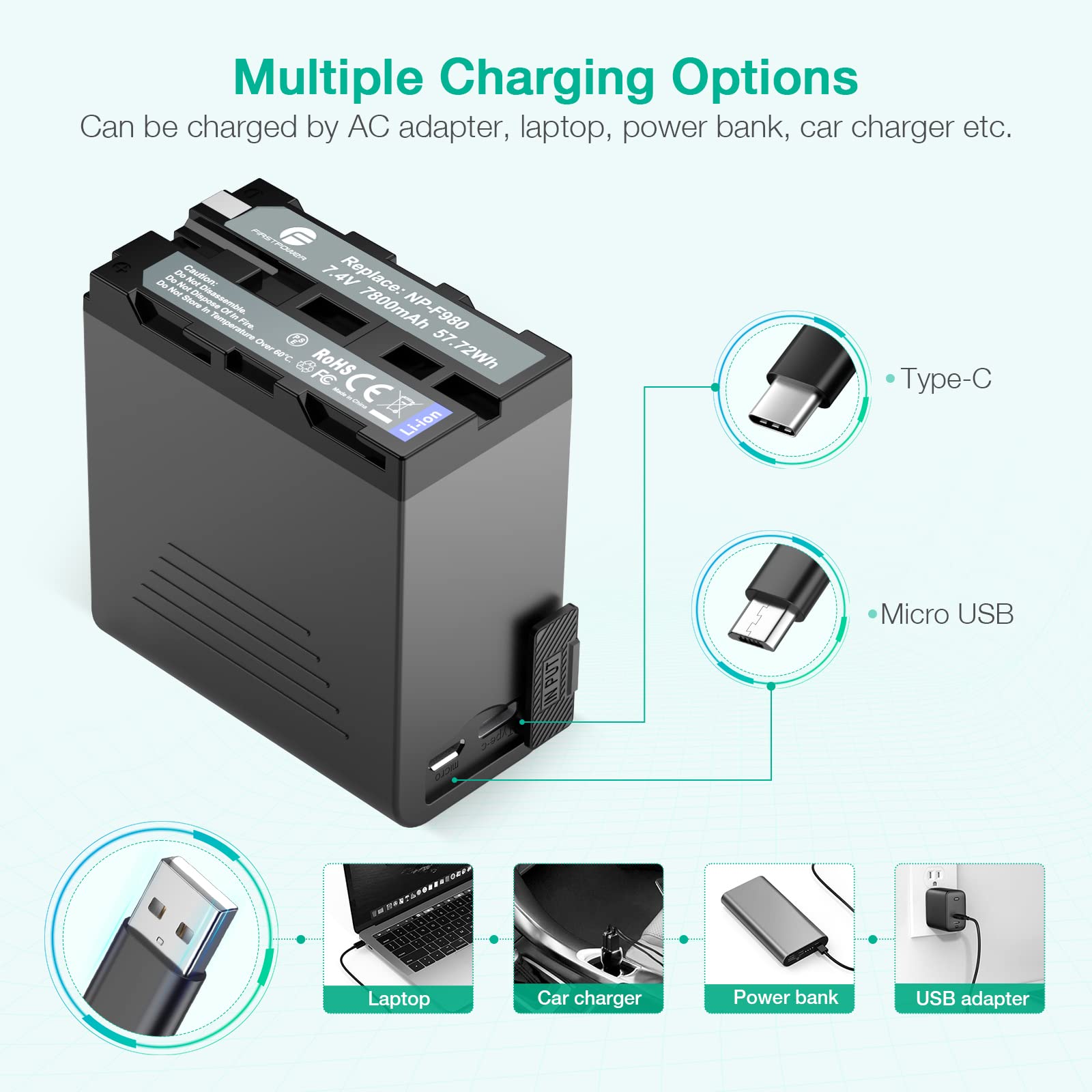 Firstpower Np F970 Battery 2 Pack With Usb Output Lcd Display, Compatible With Sony Handycam Video Light Monitor, Replacement Fo