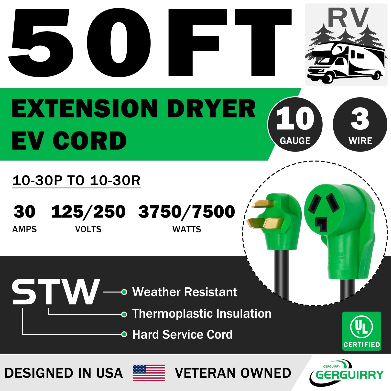 Gerguirry 3 Prong 50 Feet Dryer Extension Cord, 30 Amp Nema 10 30P To 10 30R Heavy Duty Cord, Use For Dryer Power Extension And