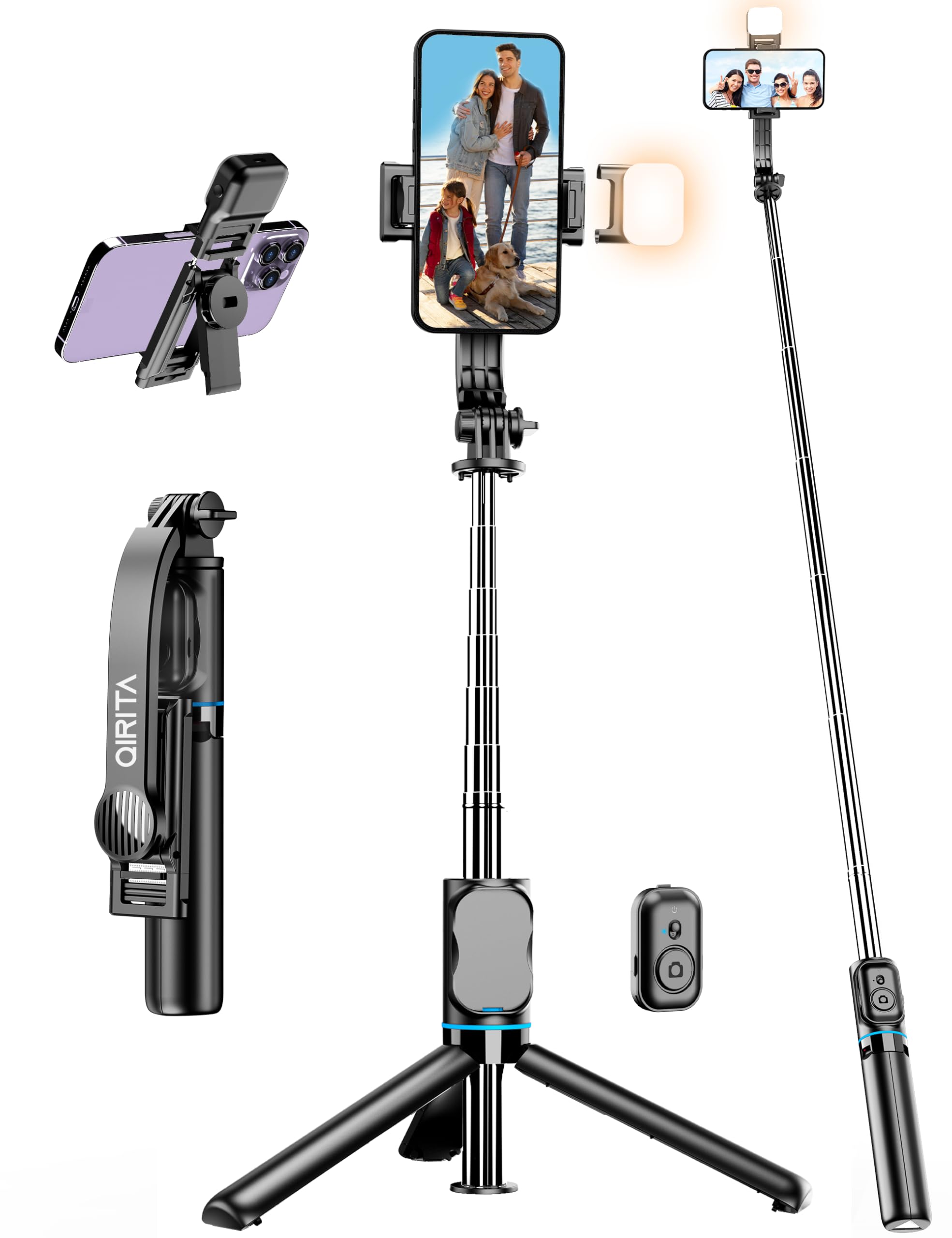 42 Selfie Stick Tripod with Fill Light Extendable Phone Tripod Stand All-in-1 Selfie Stick Travel Tripod with Detachable Remote 