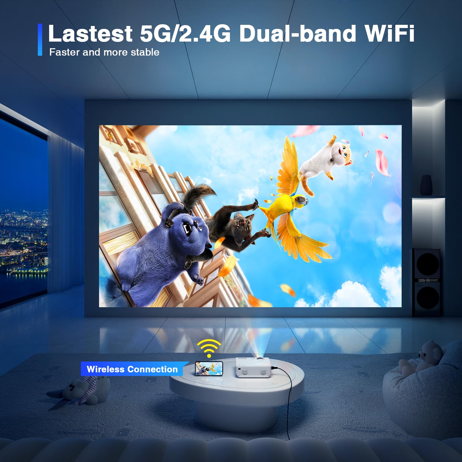 Auking Projector With Wifi And Bluetooth, 2024 Upgraded Mini Projector, Full Hd 1080P Home Theater Video Projector, Compatible W