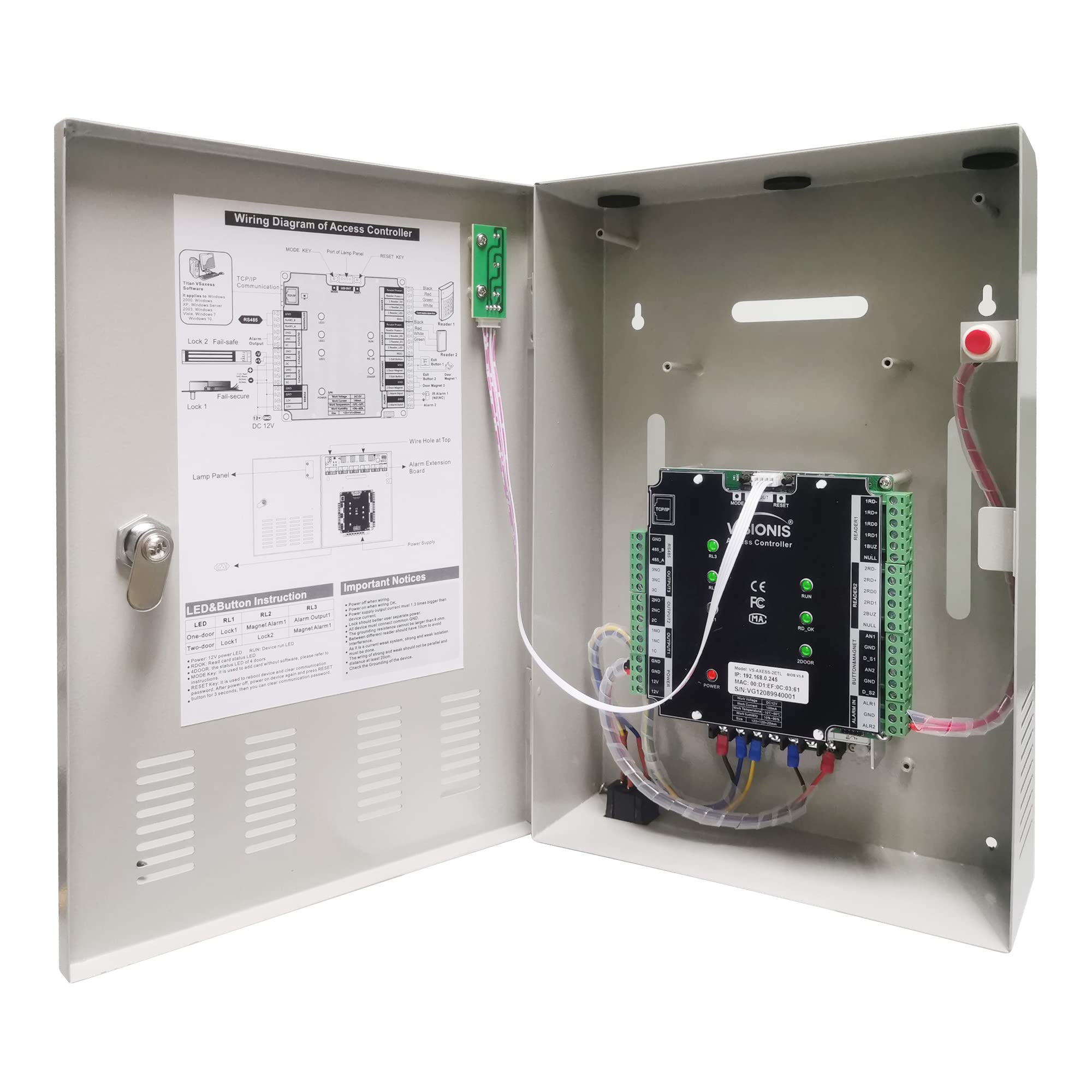 Visionis Fpc 6135 Two Doors Access Control For Outswing Electric 1200Lbs Maglock Time Attendance Tcp/Ip Wiegand Controller Box, Black Indoor/Outdoor Card Reader, Software + 20,000 Users Kit