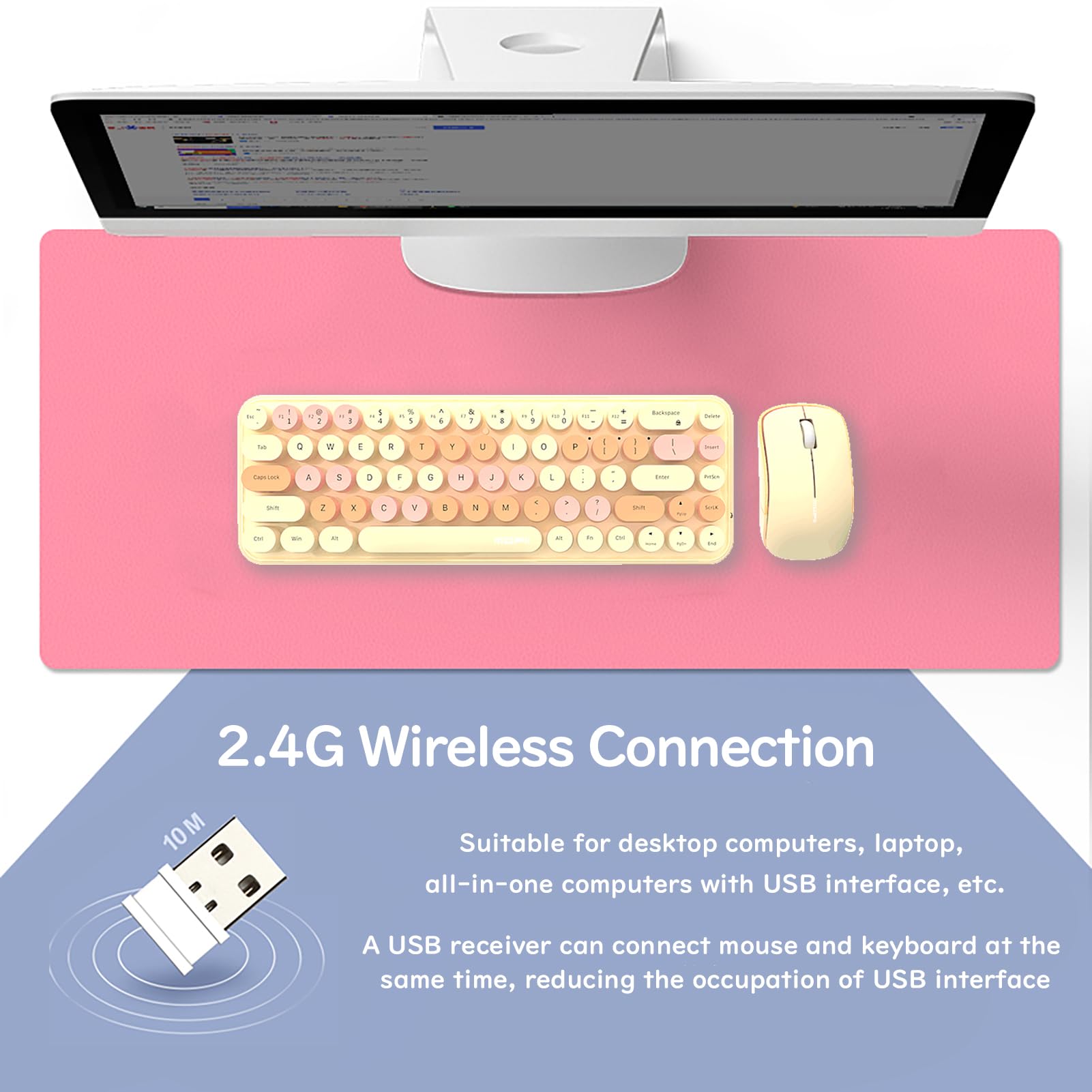 Compact Wireless Keyboard And Mouse Combo, Colorful Round Keycap, Soundless 68 Keys, Suitable For Girls And Kids, Compatible Wit