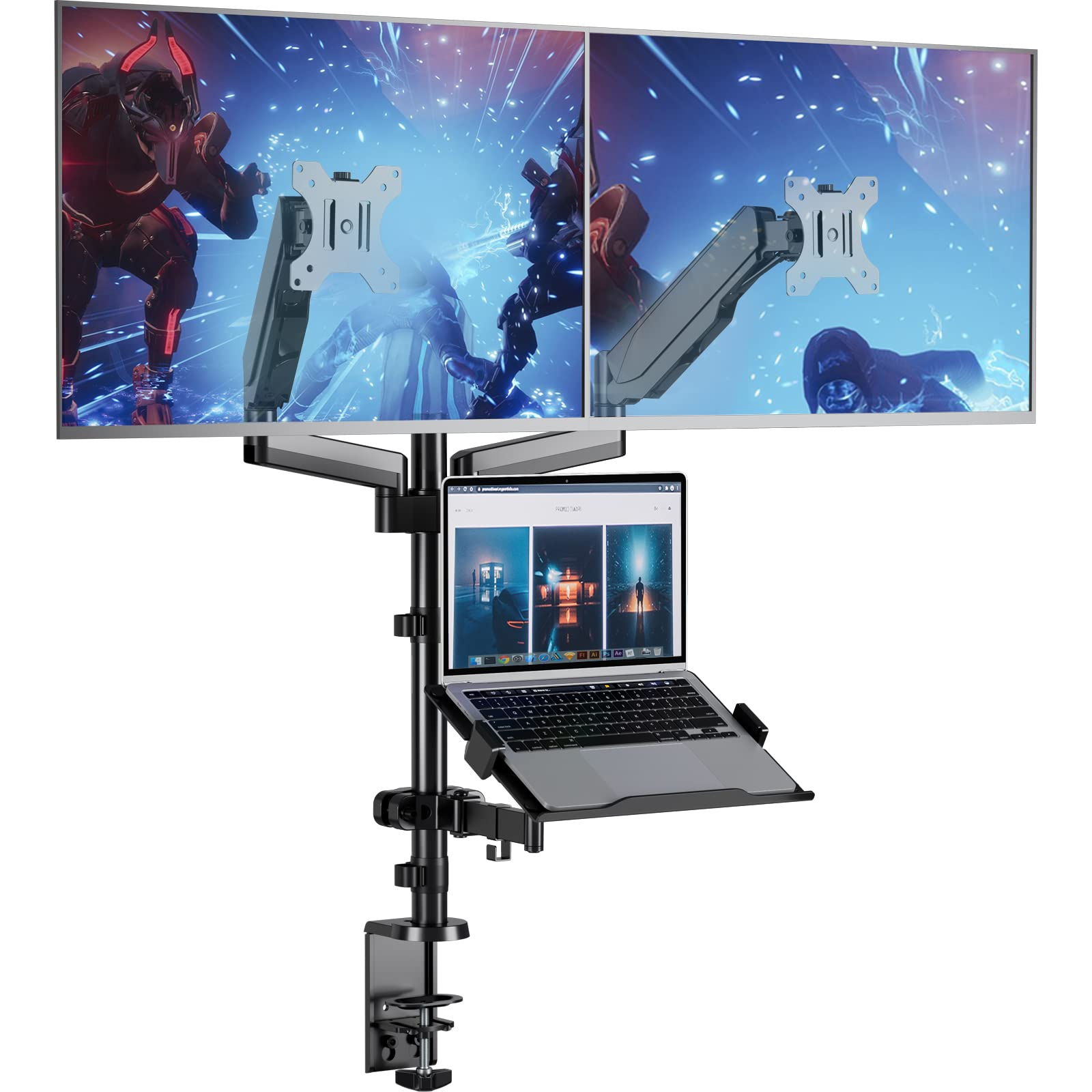 WALI Laptop Mount and Dual Monitor for Max 32' Monitor and 17' Laptop, Adjustable Spring Arm with Tilt, Swivel and Rotation, Dual Monitor and Notebook Stand with VESA 75/100mm(GSDM003LP), Black