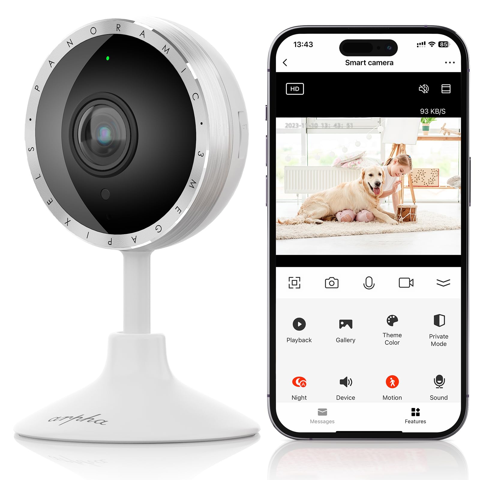 ARPHA 2K Indoor Security Camera, WiFi Pet Camera for Home Security with PIR Human Detection, Sound Detection, Night Version Two-