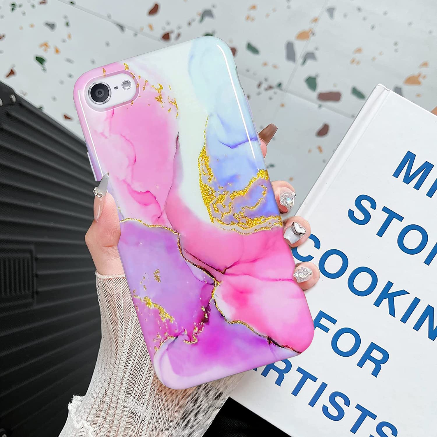 Ipod Touch 7Th Generation Case, J.West Ipod Touch 6 Ipod 5 Case, Sparkle Gold Glitter Pink Marble Design Slim Fit Anti Scratch F