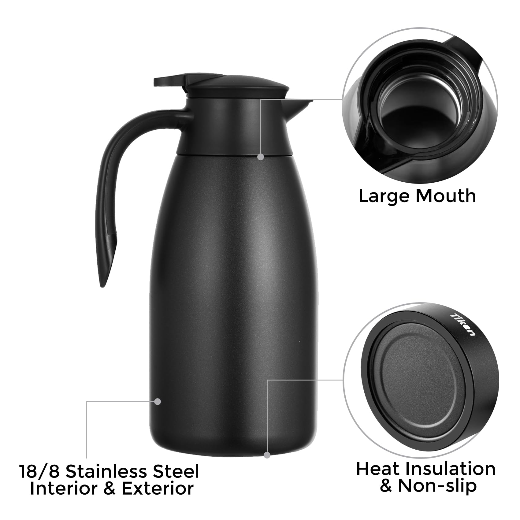 Tiken 85 Oz Thermal Coffee Carafe, Stainless Steel Insulated Vacuum Coffee Carafes For Keeping Hot, 2.5 Liter Beverage Dispenser