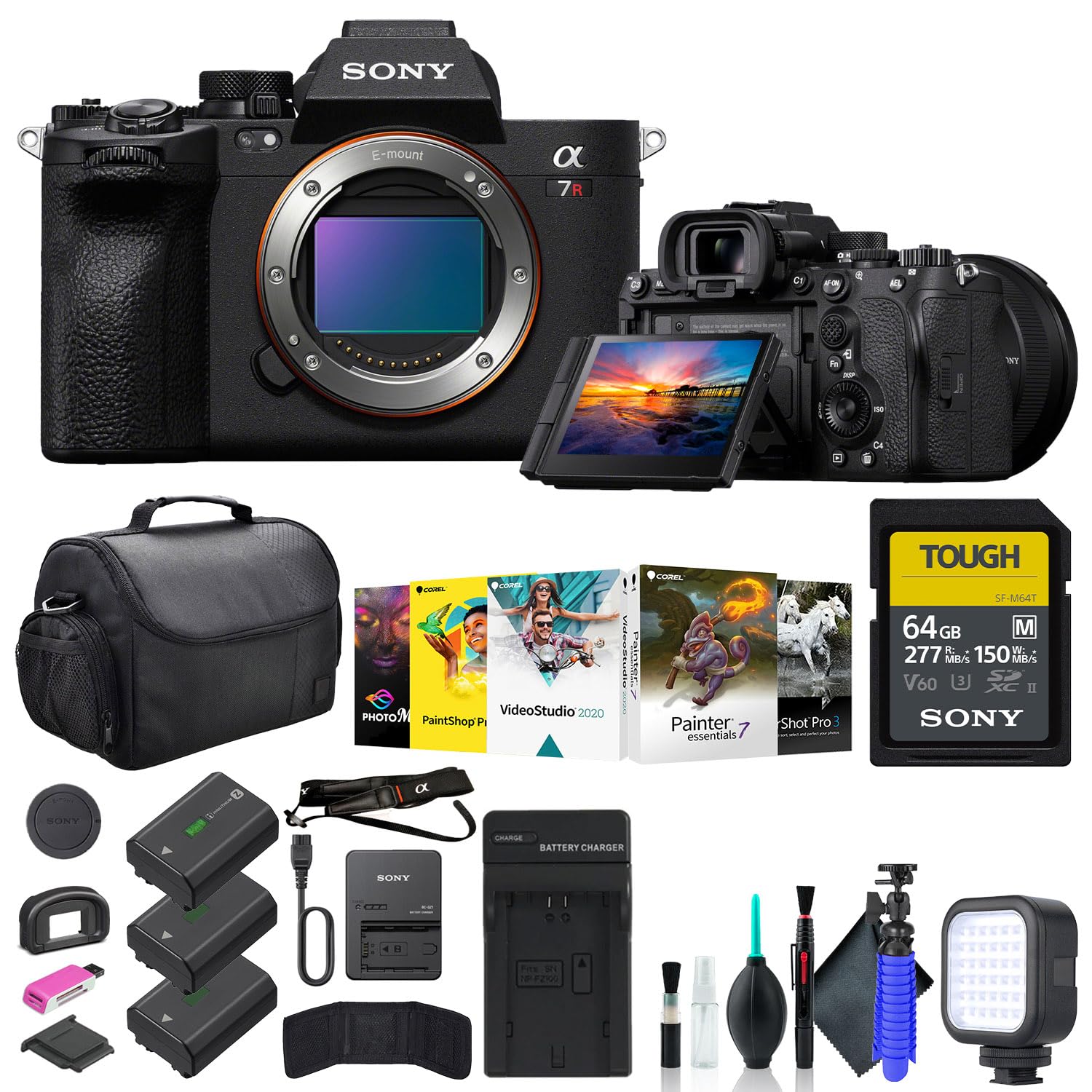 Sony a7R V Mirrorless Camera ILCE7RM5/B, 64GB Memory Card, Corel Photo Software, Bag, 2 x NP-FZ100 Compatible Battery, External 
