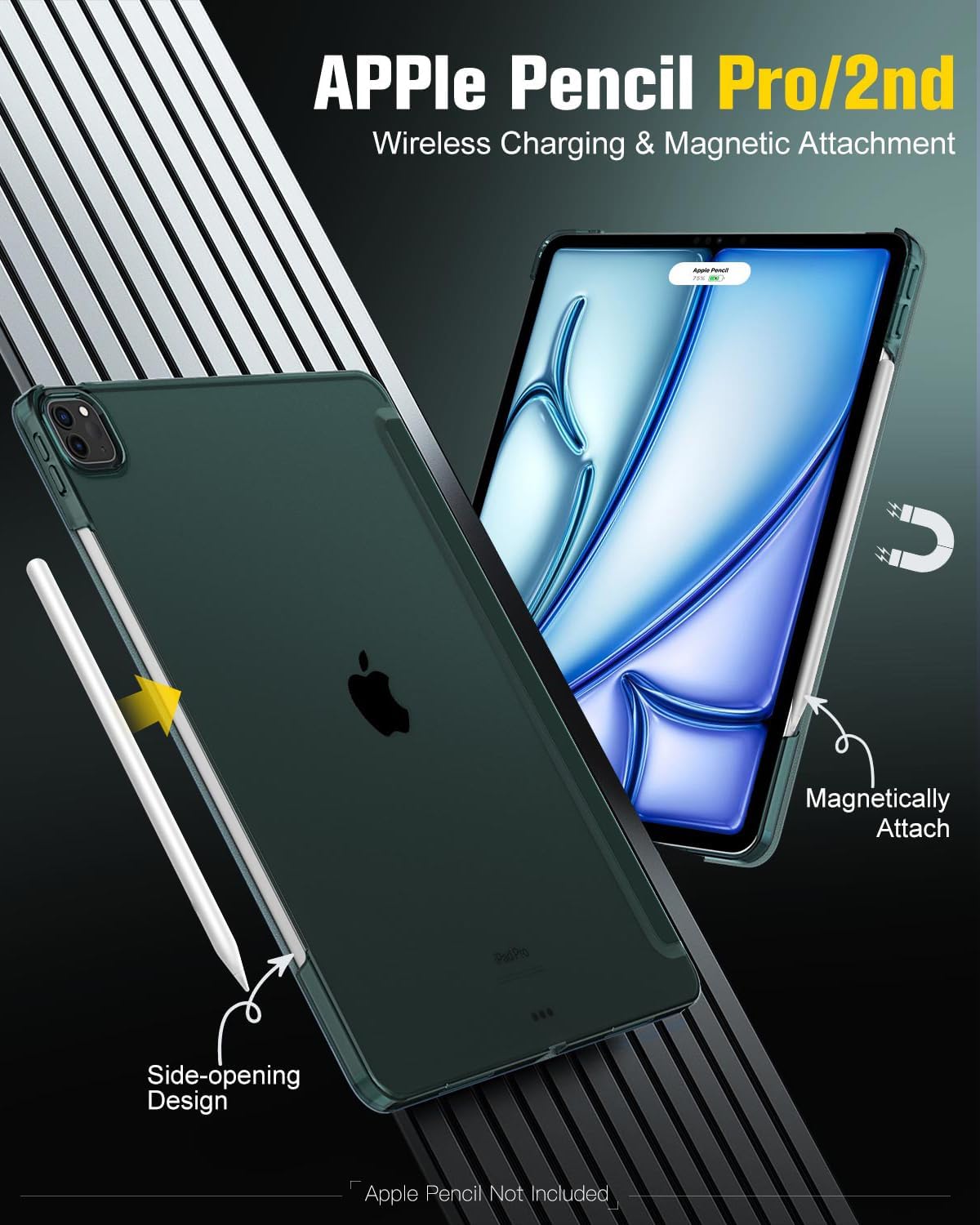 MoKo for iPad Air 13 Inch Case 2024/ iPad Pro 12.9 Case (6th/5th Gen 2022/2021), Slim Smart Shell Translucent Frosted Hard PC Back Cover, Support Touch ID & Pencil Pro/2nd/USB C, Midnight Green