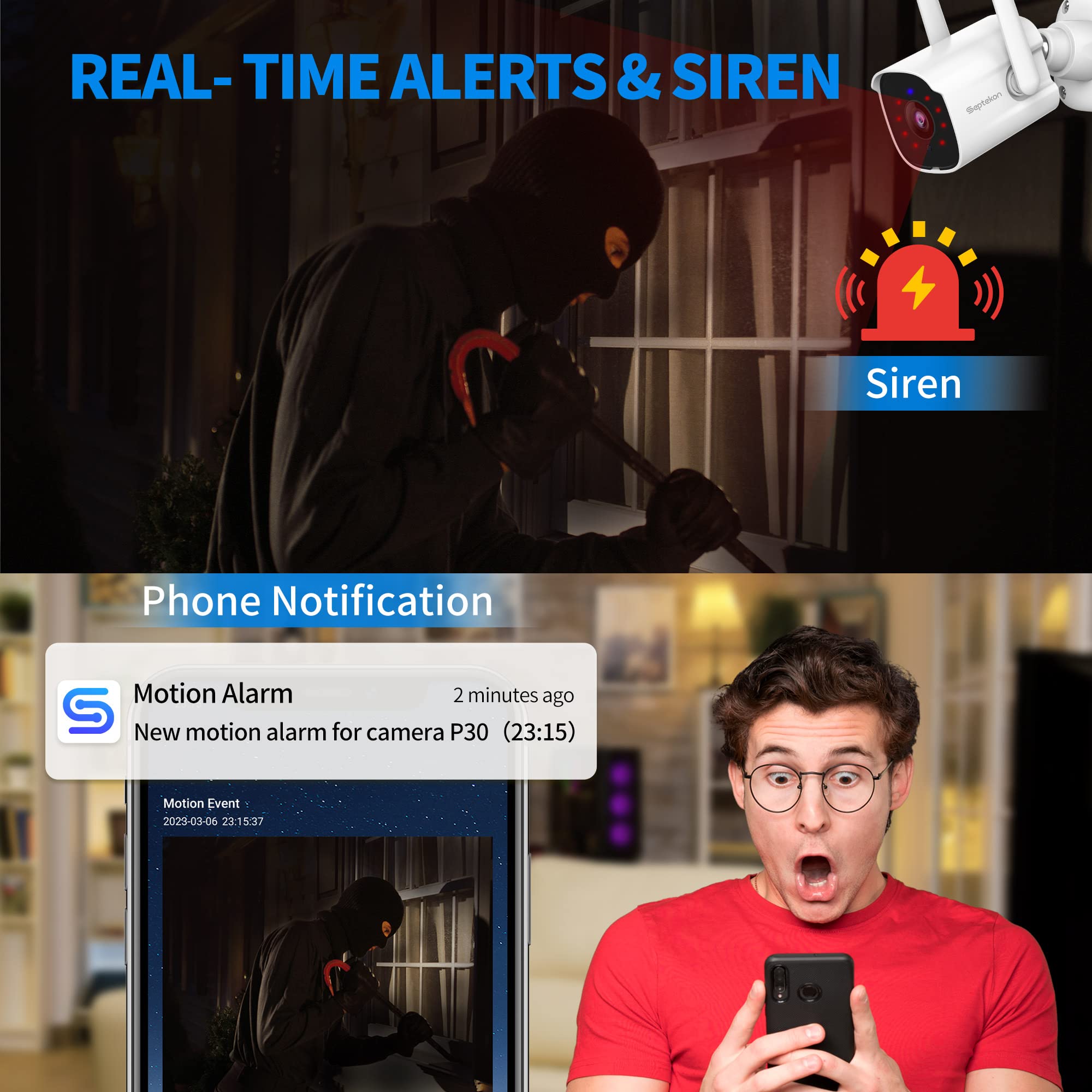 Septekon 2K Security Cameras Outdoor, 2.4G Wifi Cameras For Home Security With Two Way Audio, Night Vision, Ip66 Waterproof, Mot