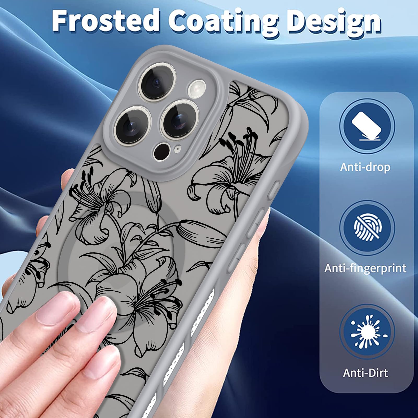 Ook Magnetic For Iphone 15 Pro Max Case Grey Flower Lily Pattern [Compatible With Magsafe] Slim Translucent Matte Camera Lens Pr