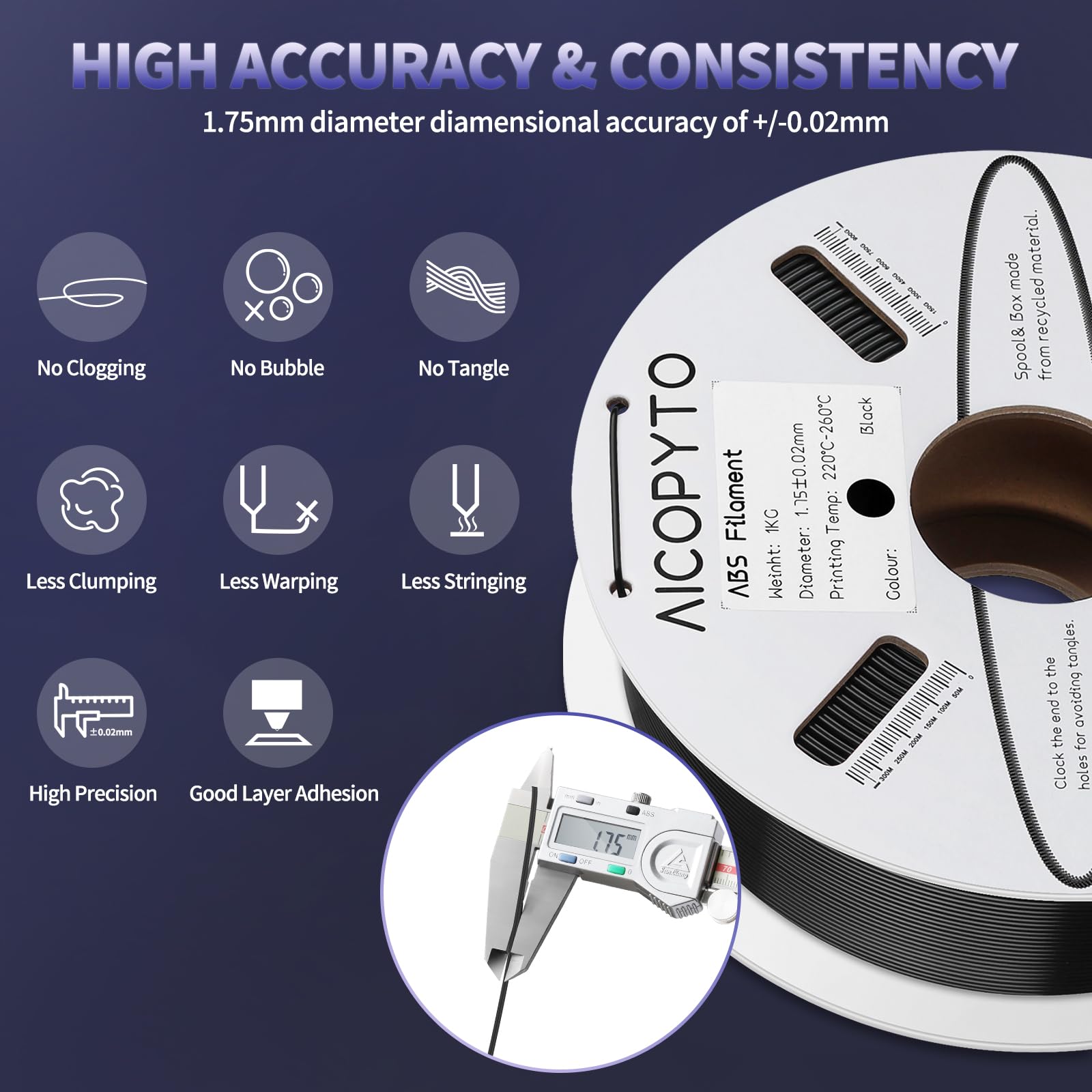 Aicopyto Abs Filament 1.75Mm, 3D Printer Filament Dimensional Accuracy +/- 0.02Mm, 1Kg Cardboard Spool (2.2 Lbs) 3D Printing Fil