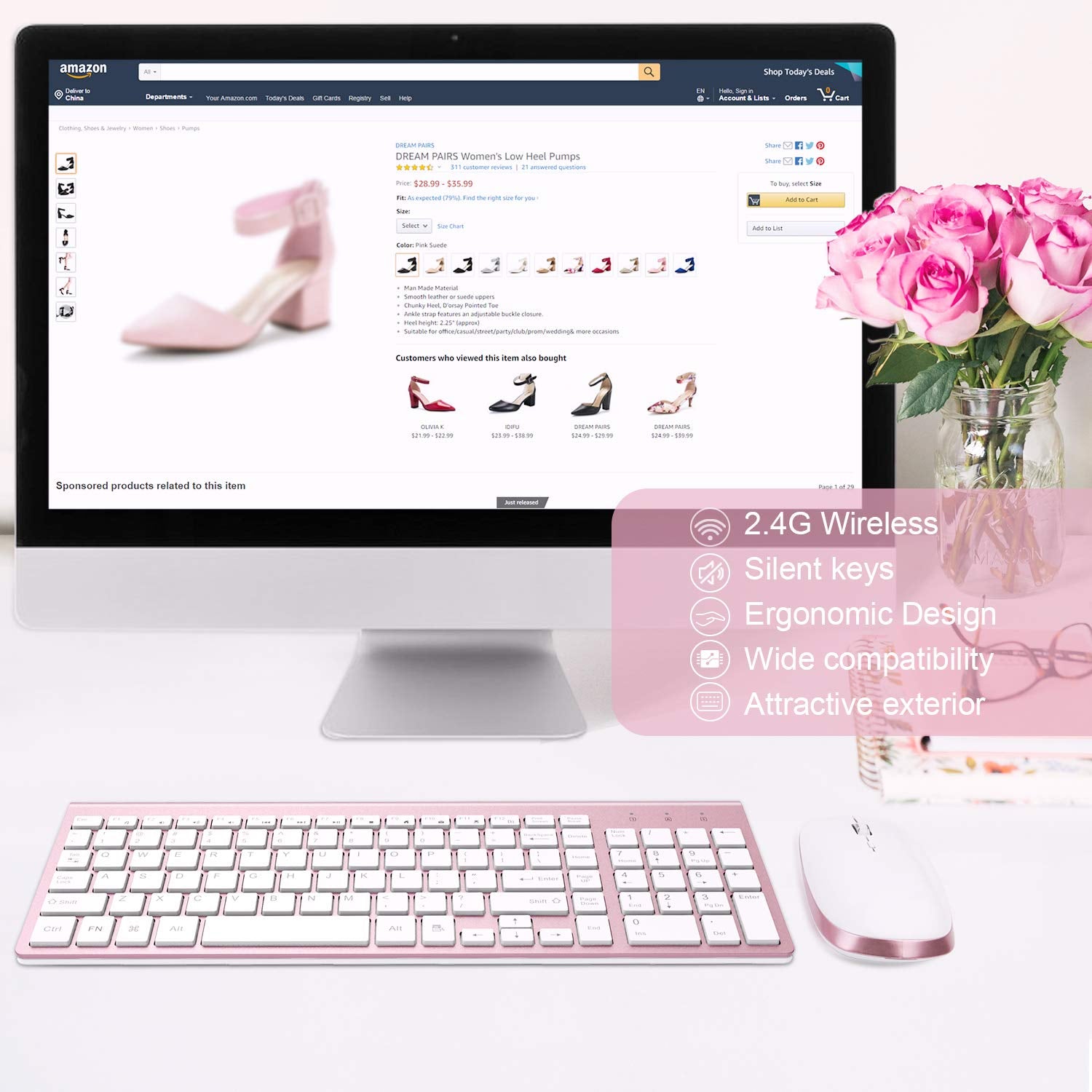 Wireless Keyboard And Mouse, Fenifox Full Size Whisper Quiet Compact Compatible With Mac Pc Laptop Tablet Notebook Windows   Rose Gold Pink