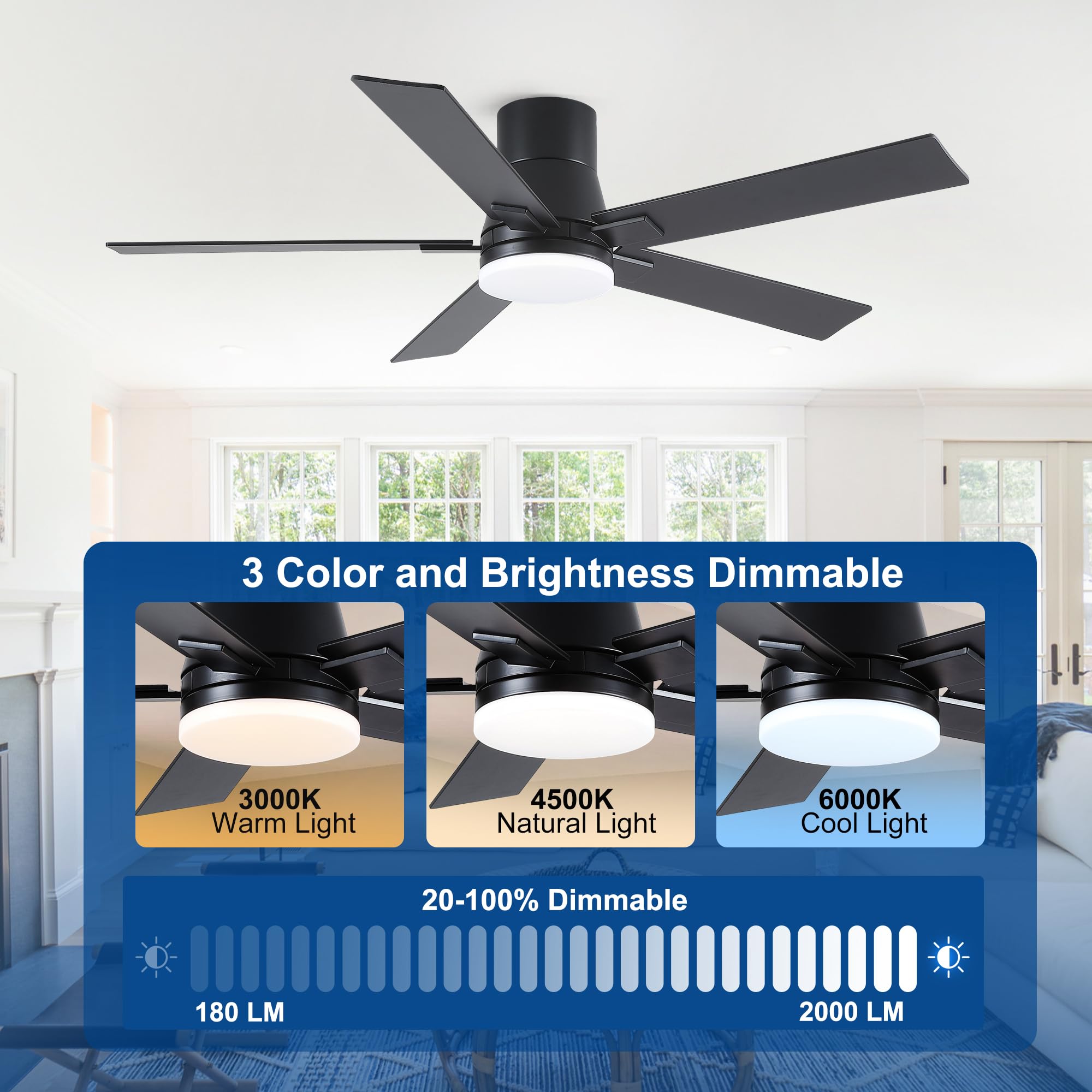 52 Inch Ceiling Fans With Lights And Remote,Flush Mount Black Ceiling Fan With 5 Blades,6 Speed Reversible Dc Motor,3Cct Dimmabl