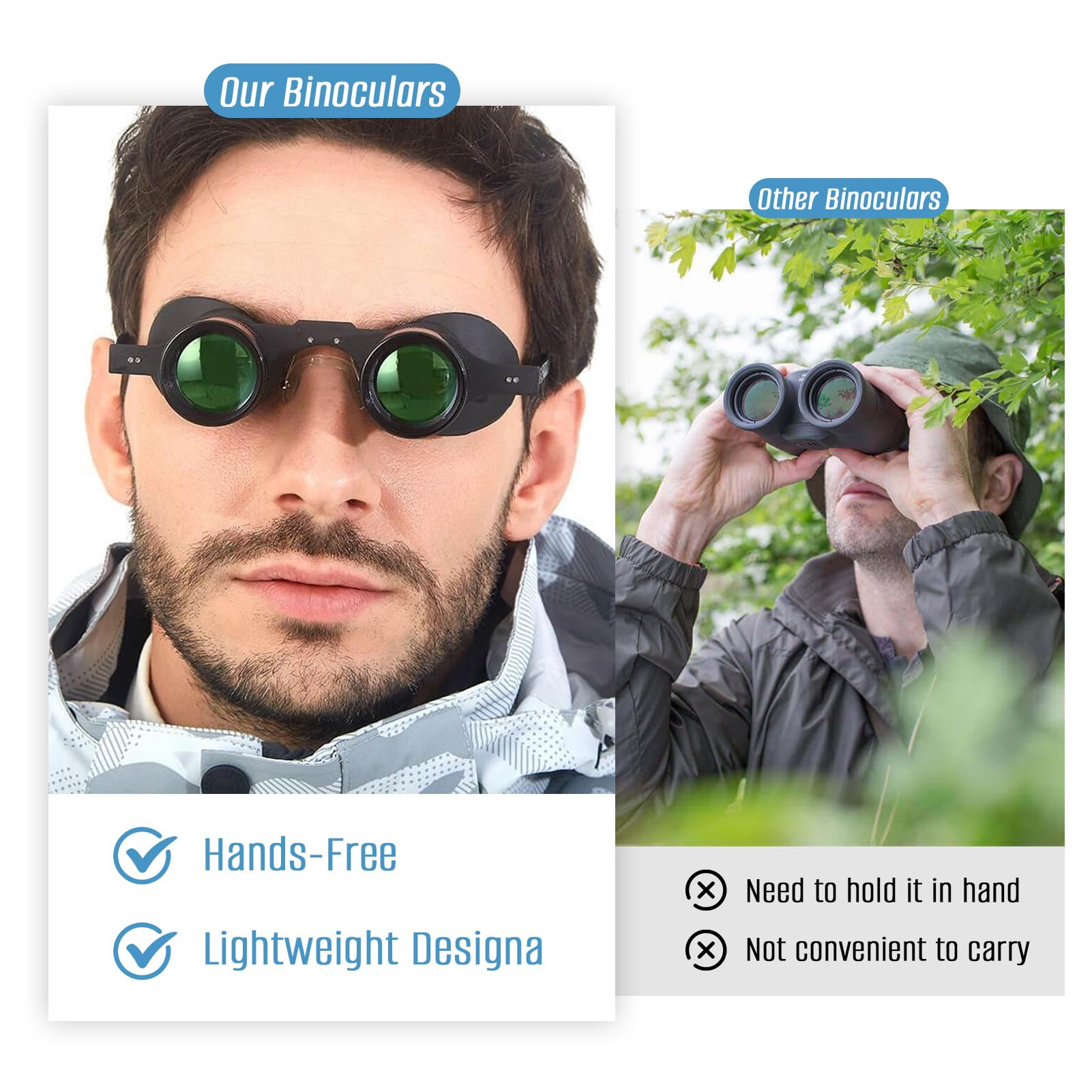 Goshyda Hands Binocular Glasses - HD Lens, Adjustable Focus, 3 Color Filters, Ideal for Fishing, Bird Watching, Sports, Concerts, Neutral Color
