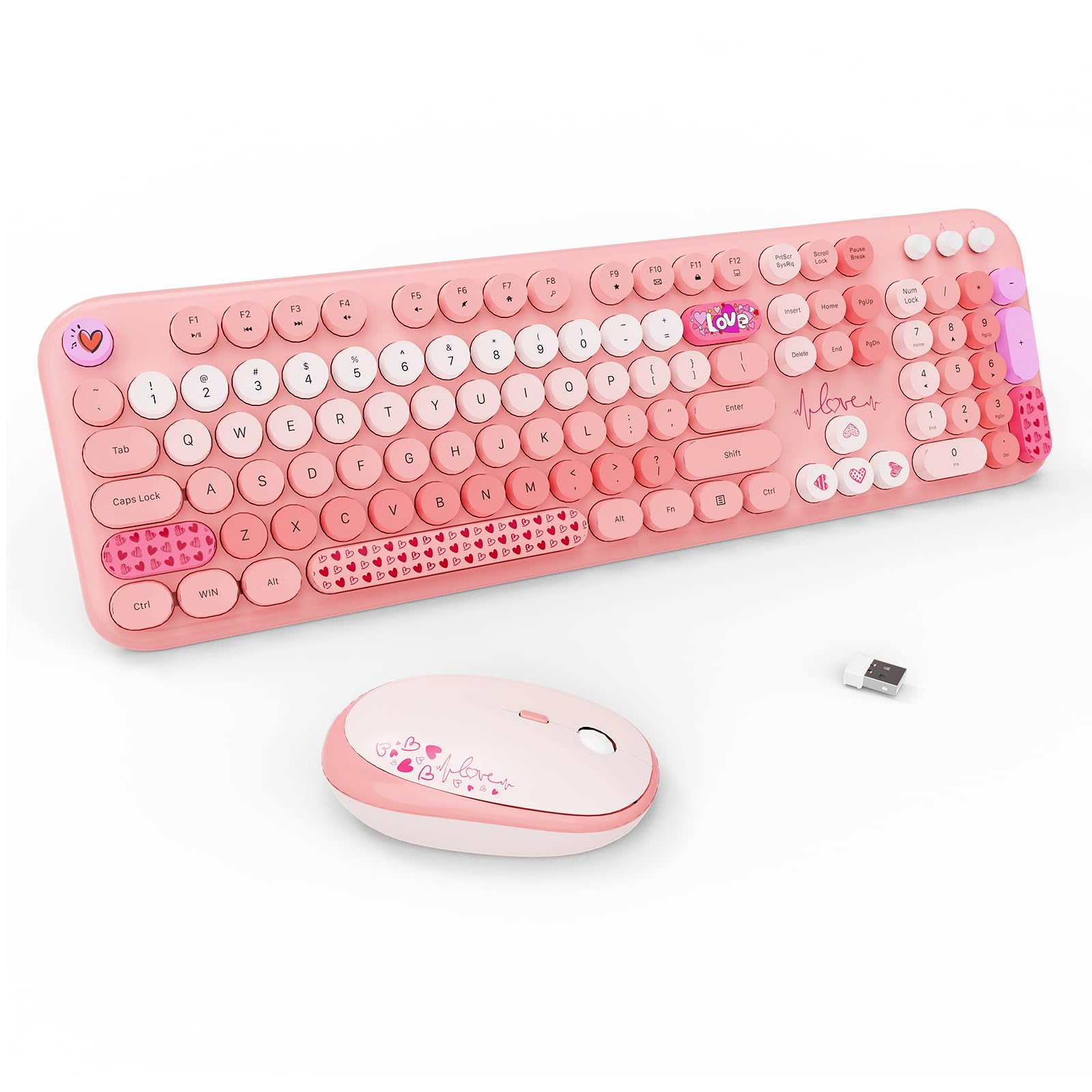 Wireless Keyboard And Mouse Combo, 104 Round Keys Full Size Cute Colorful Pink Cordless Keyboard And Mouse With Retro Typewriter