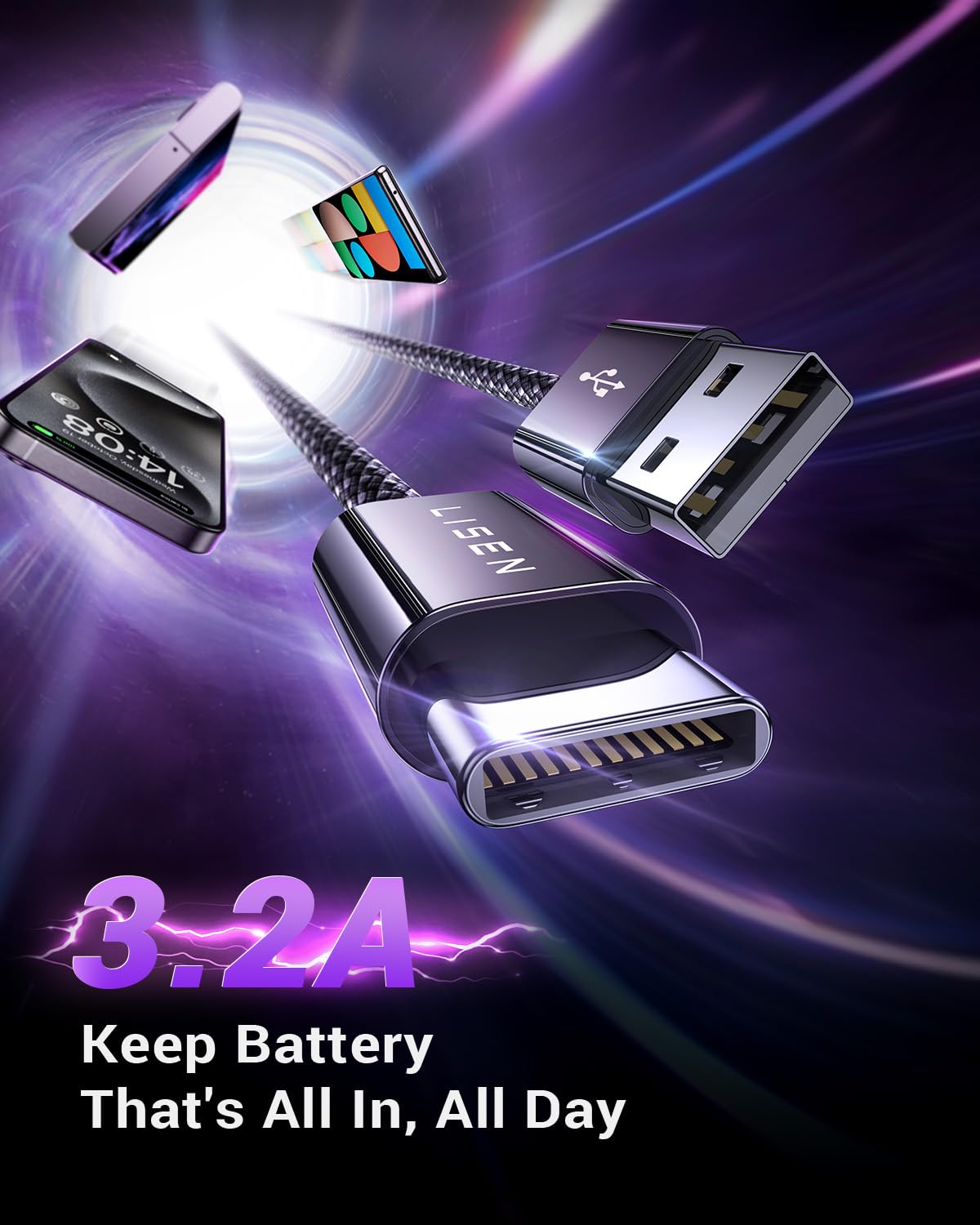 Lisen Usb A To Usb C Cable, 3 Pack [3.3+3.3+6.6Ft] Usbc To Usb, 3.2A C Chargers Fast Charging For Iphone 16 15 Charger Cord, Sam