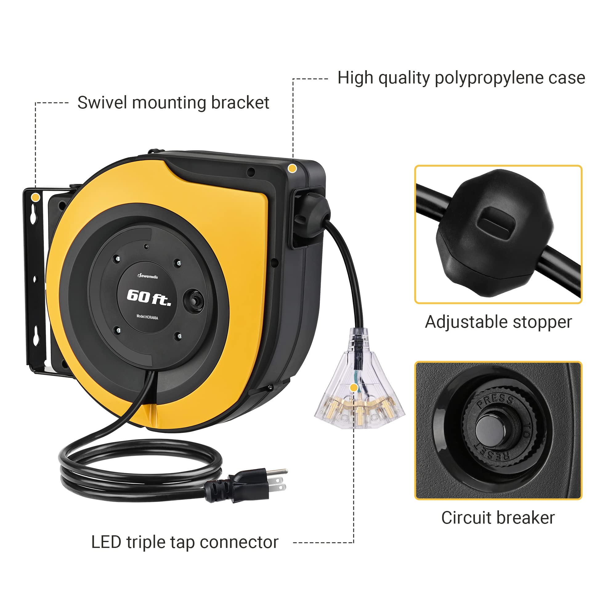 Dewenwils Retractable Cord Reel, 60 Ft Heavy Duty Extension Cord, 12Awg/3C Sjtow, 3 Grounded Outlets Lighted Triple Tap, 15A Cir