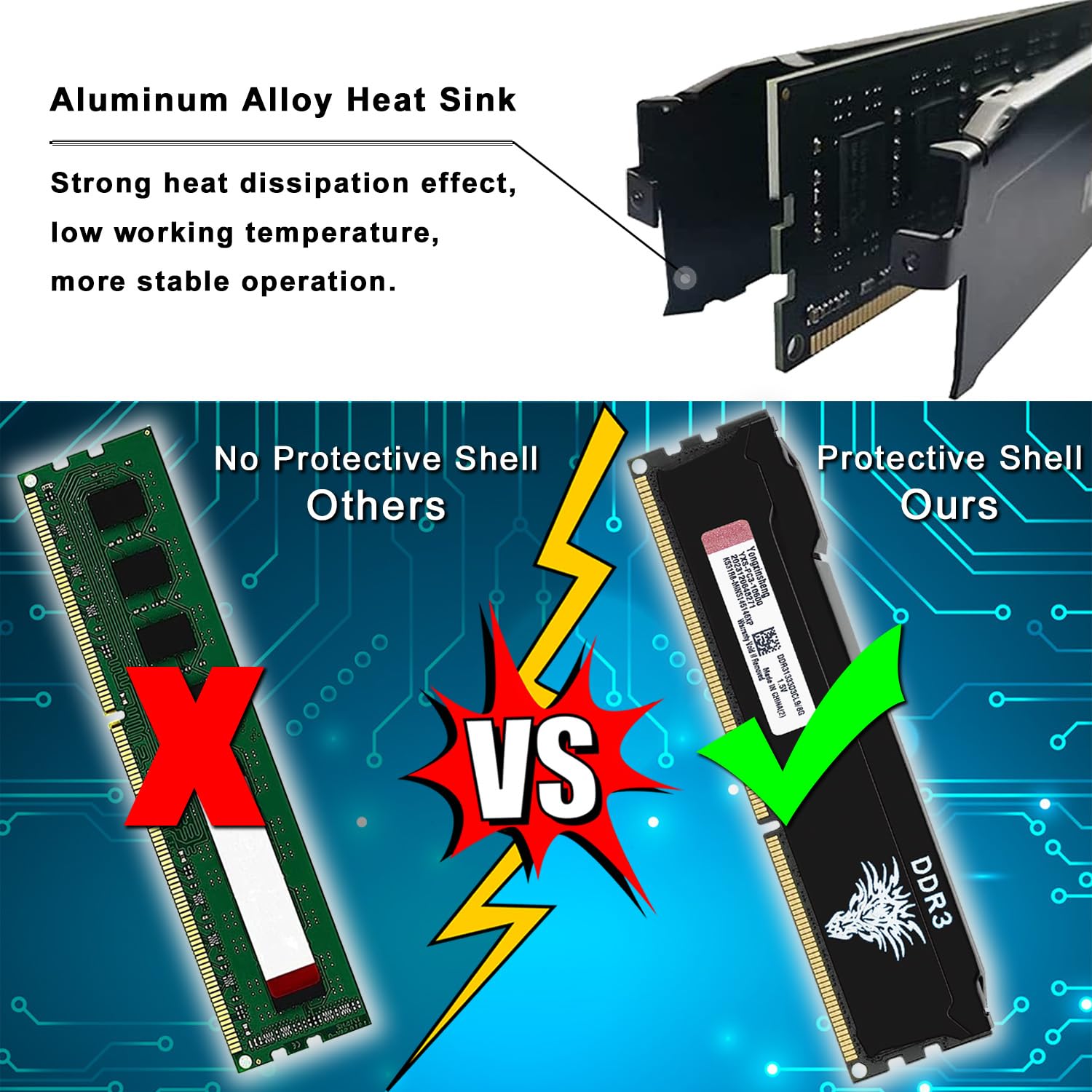 Yongxinsheng 1333Mhz 8Gb Ddr3 Ram Desktop Pc3 10600 Udimm Non Ecc Unbuffered 1.5V 2Rx8 Dual Rank 240 Pin Cl9 Pc Computer Memory