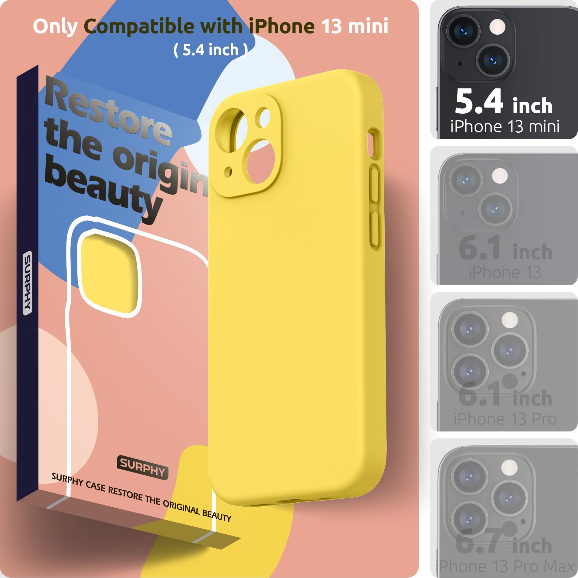Surphy Compatible With Iphone 13 Mini Case With Screen Protector, (Camera Protection + Soft Microfiber Lining) Liquid Silicone P
