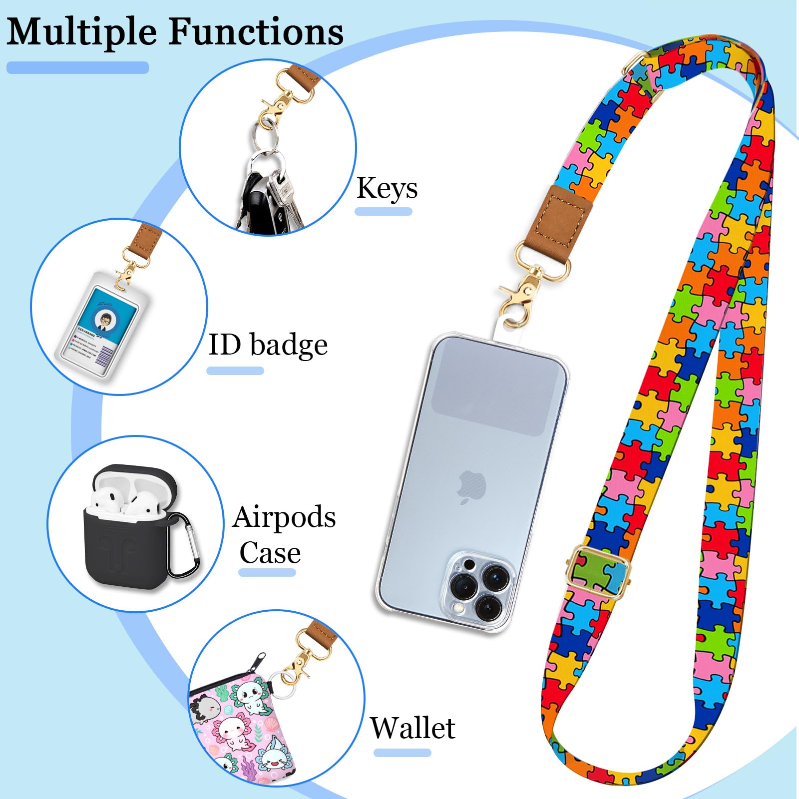 Phone Lanyard Wrist Strap Crossbody, Autism Puzzle Cell Phone Lanyard For Around The Neck Wristlet Adjustable Phone Strap Compat