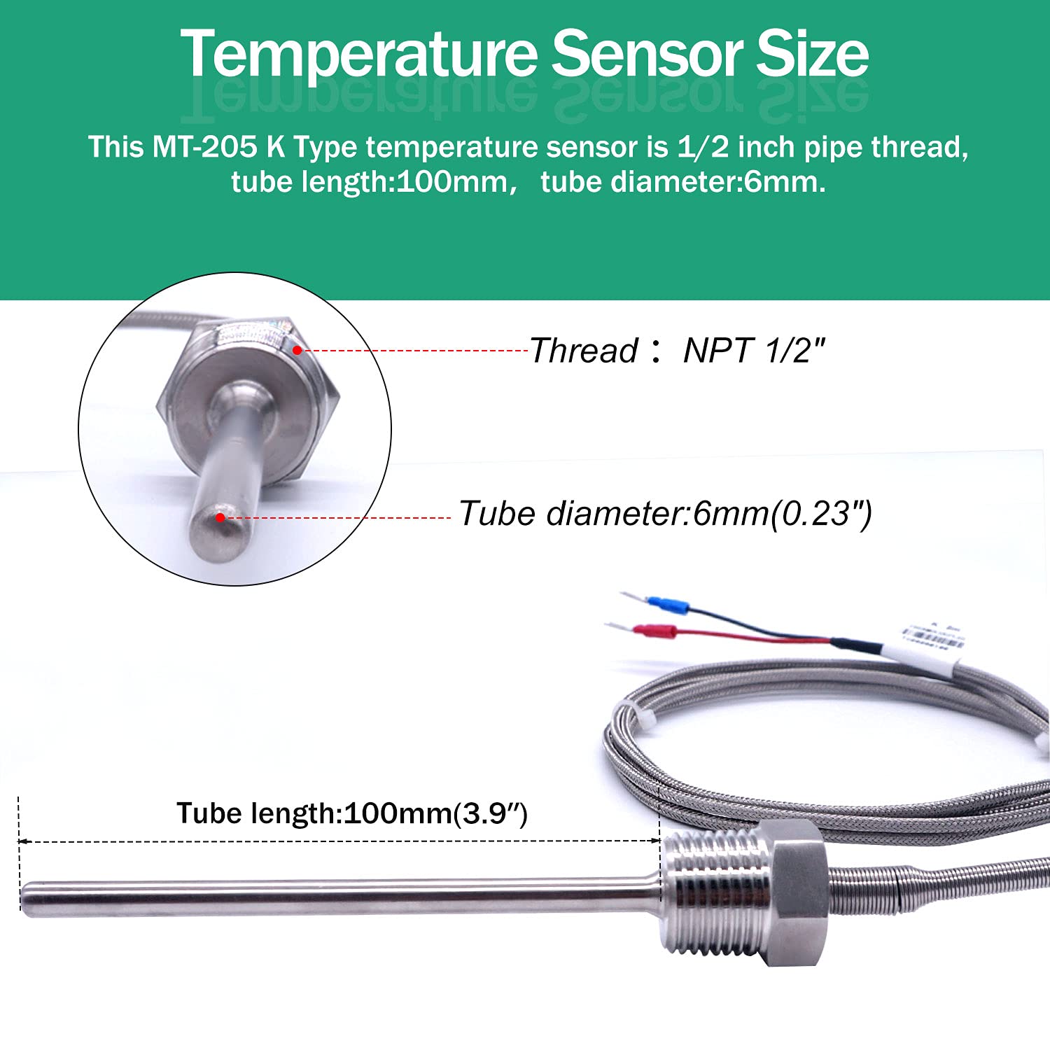 Twidec/2M Npt 1/2''Inch (6X100Mm) Pipe Thread Temperature Sensor Probe Two Wire Temperature Controller (0~600?) 304 Stainless St
